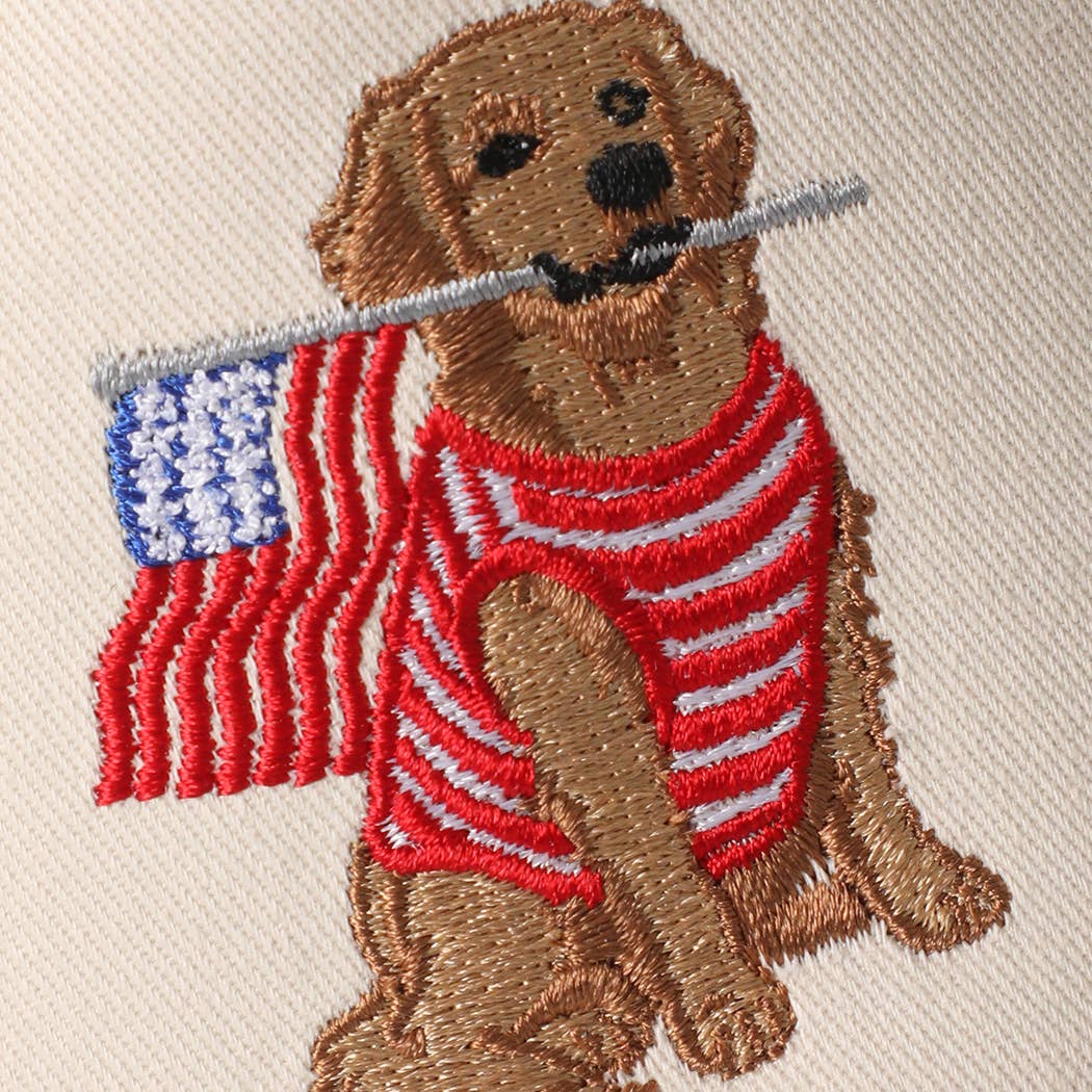 Golden Retriever Holding USA Flag Denim Brim Hat
