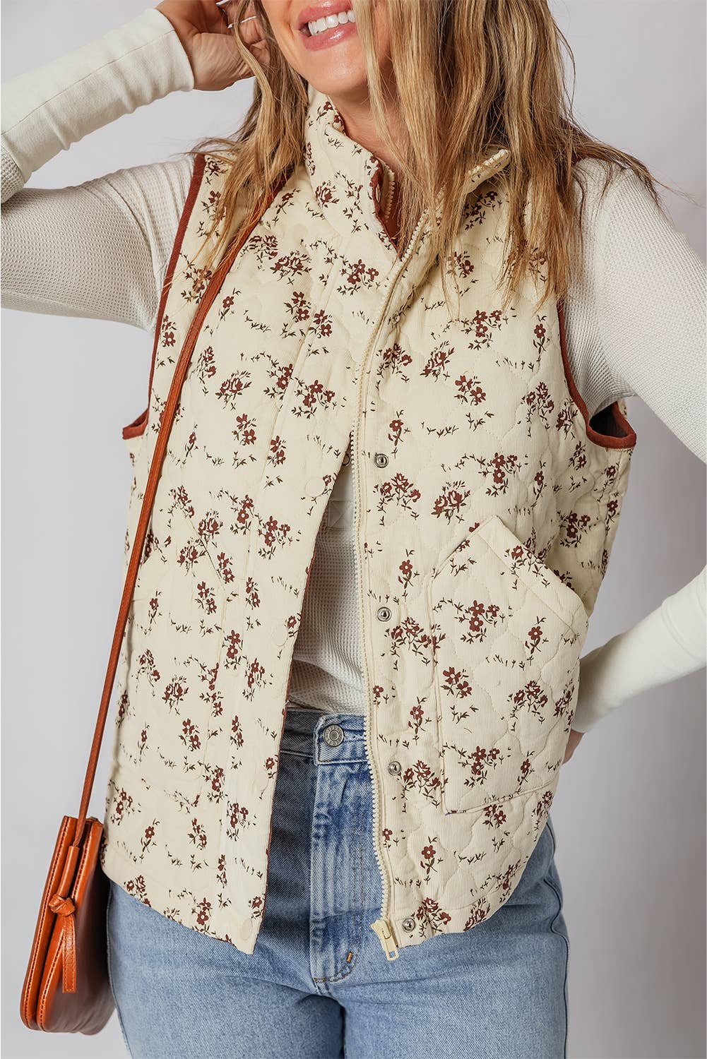 Floral Print Zip Up Quilted Vest
