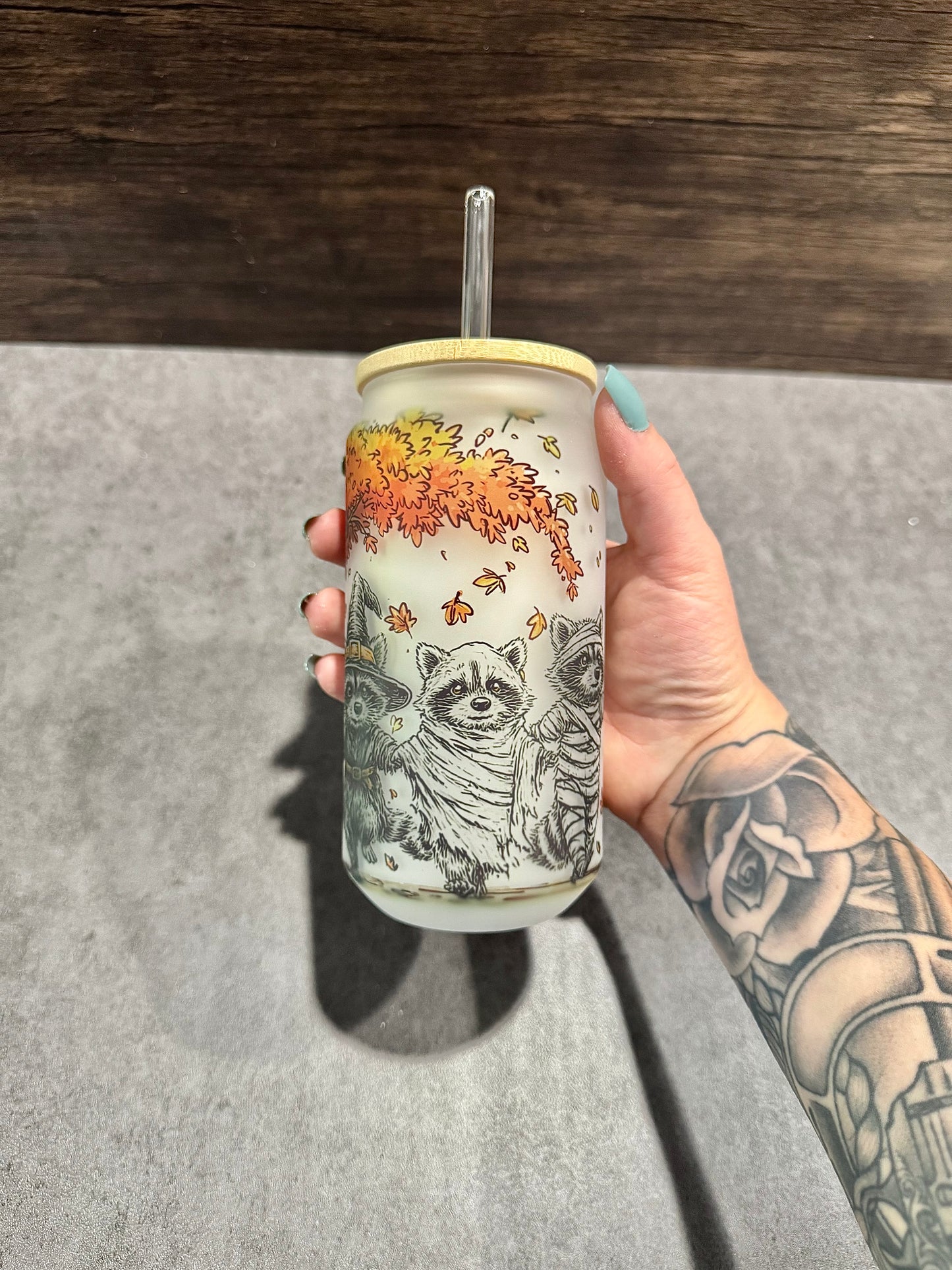 Halloween Raccoons Glass Can