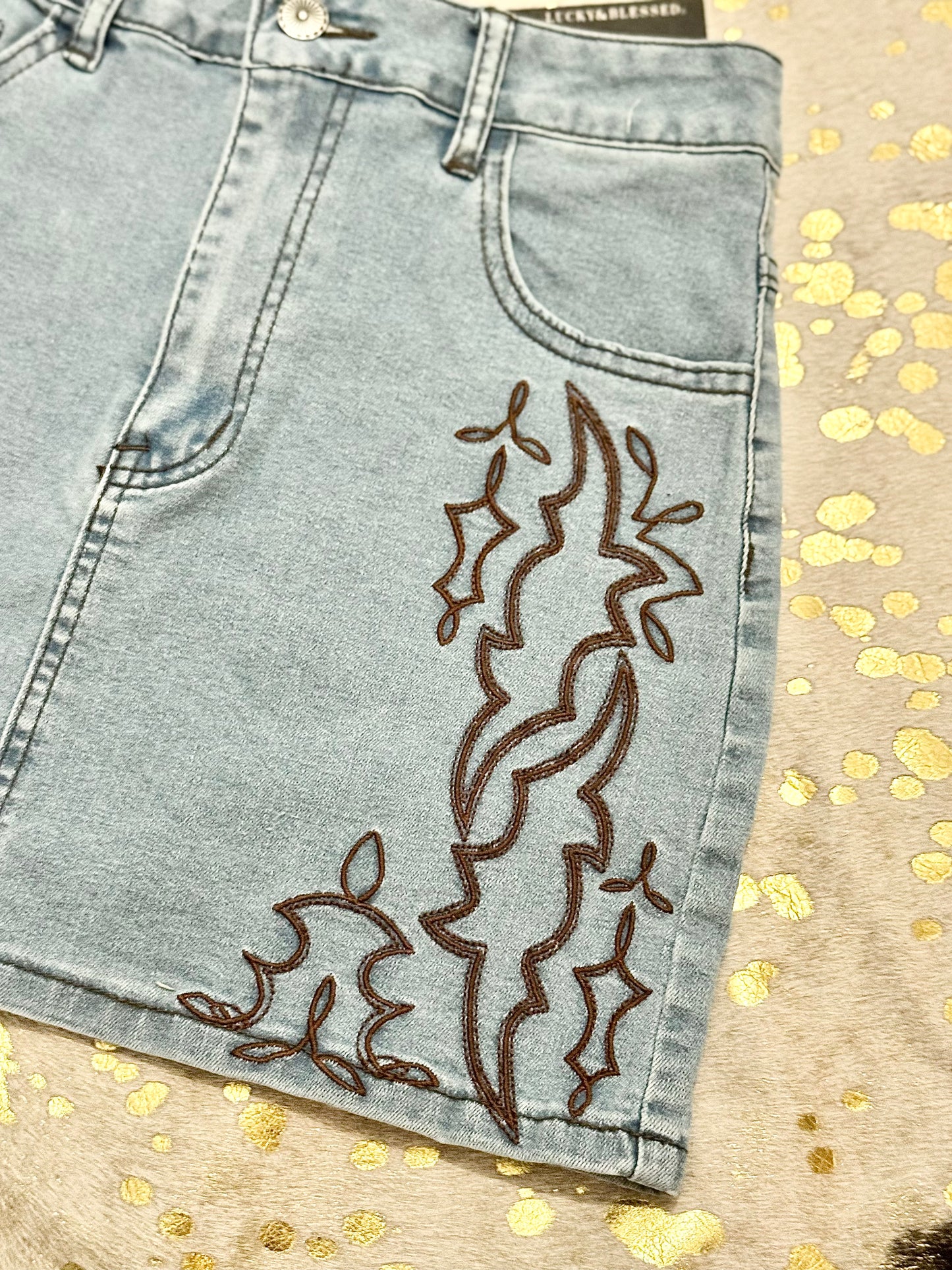 Boot Stitch Embroidered Denim Skirt
