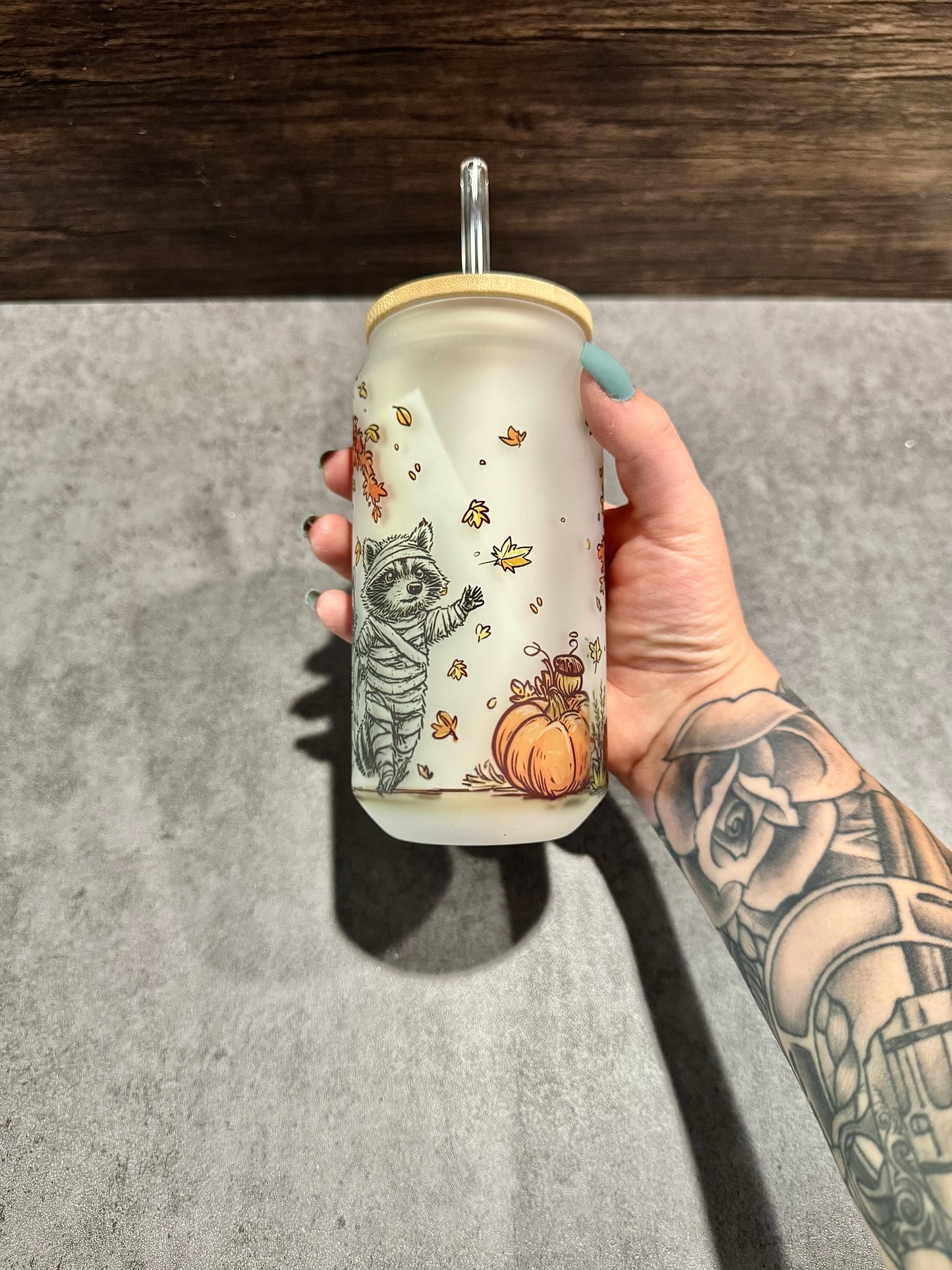 Halloween Raccoons Glass Can