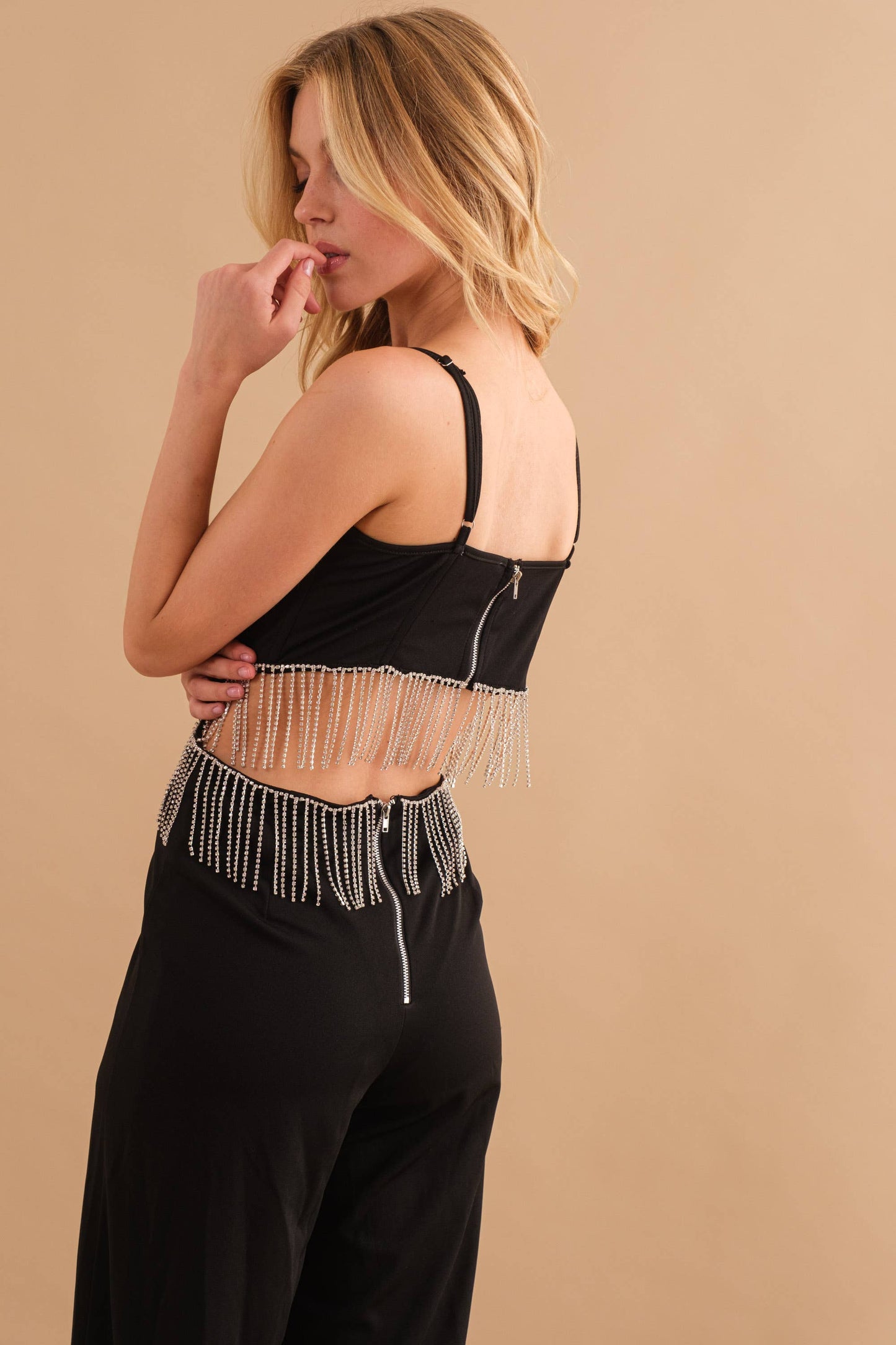 Rhinestone Fringe Open Back Jumpsuit