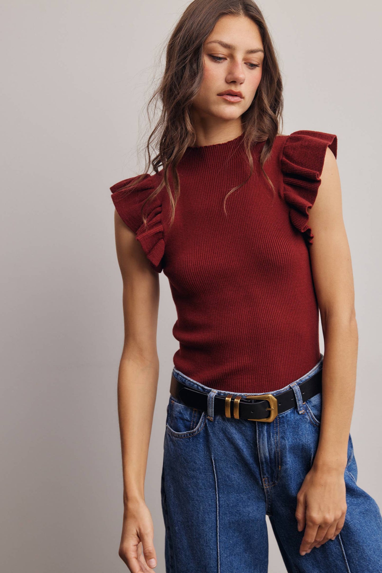 Ruffle Sleeve Rib Knit Top FSW0057