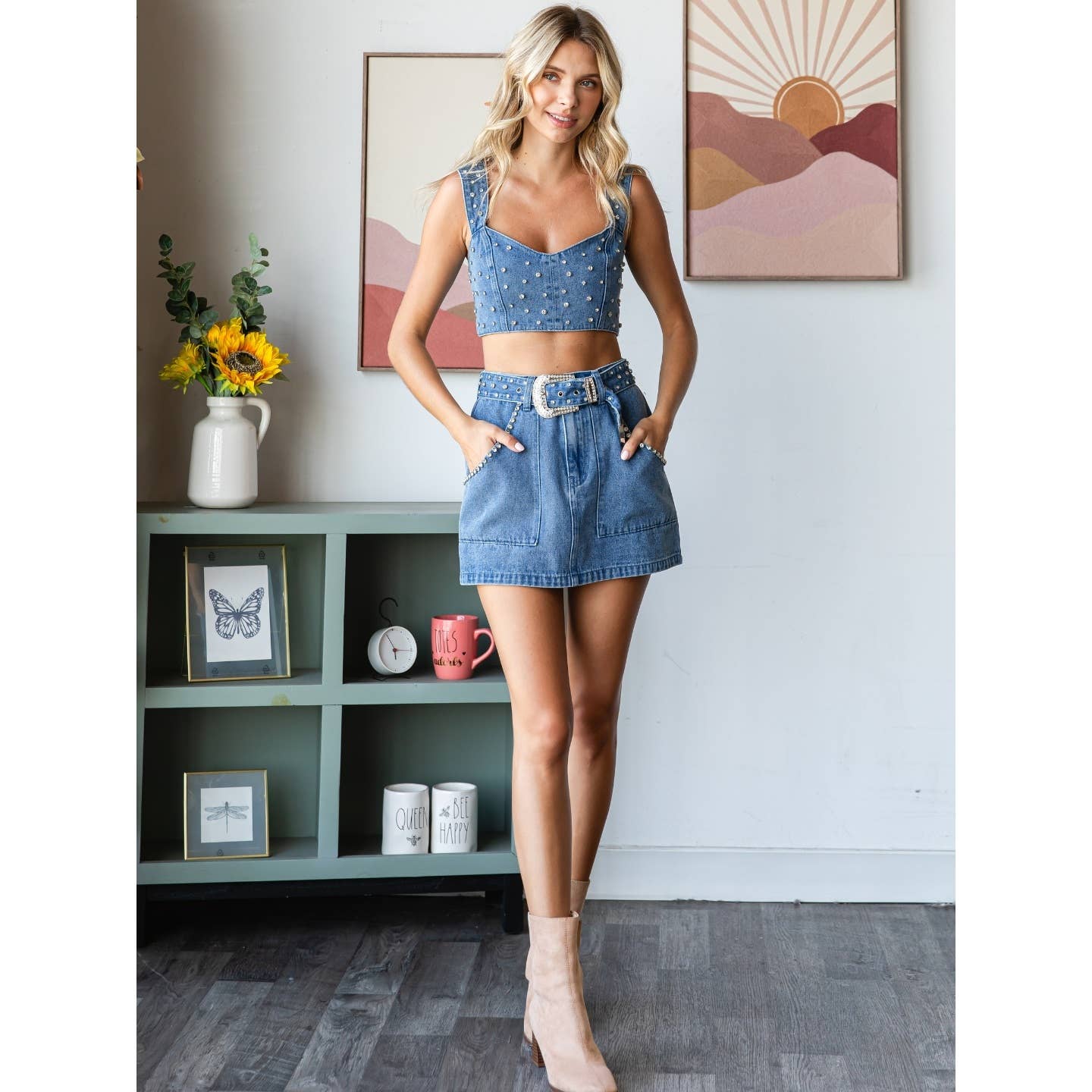 Rhinestone Belt Denim Tank Top