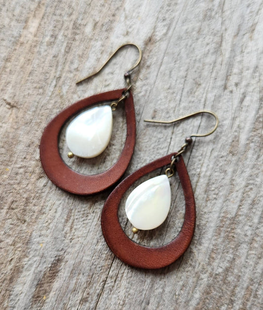 "Kai"   Handmade Leather and Mother of Pearl Earrings