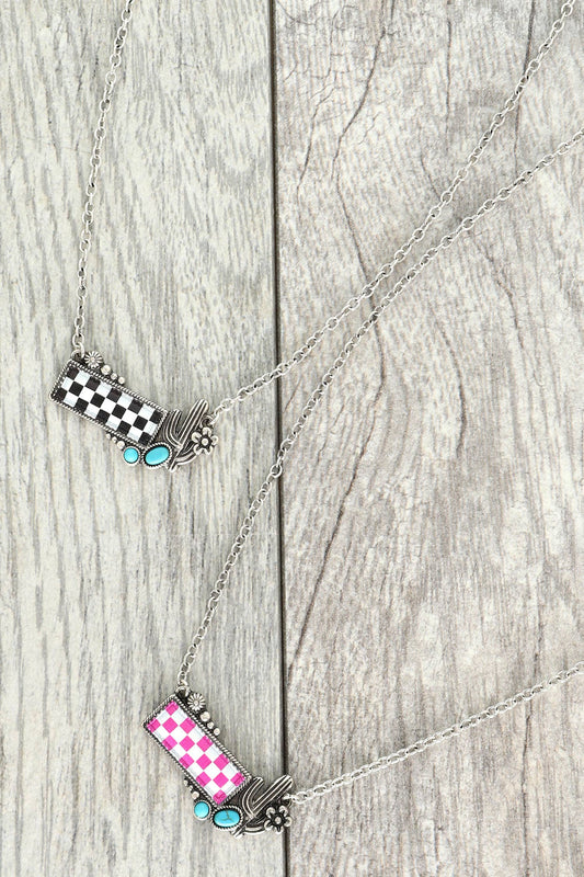 Western Checkerboard Cactus Pendant Necklace