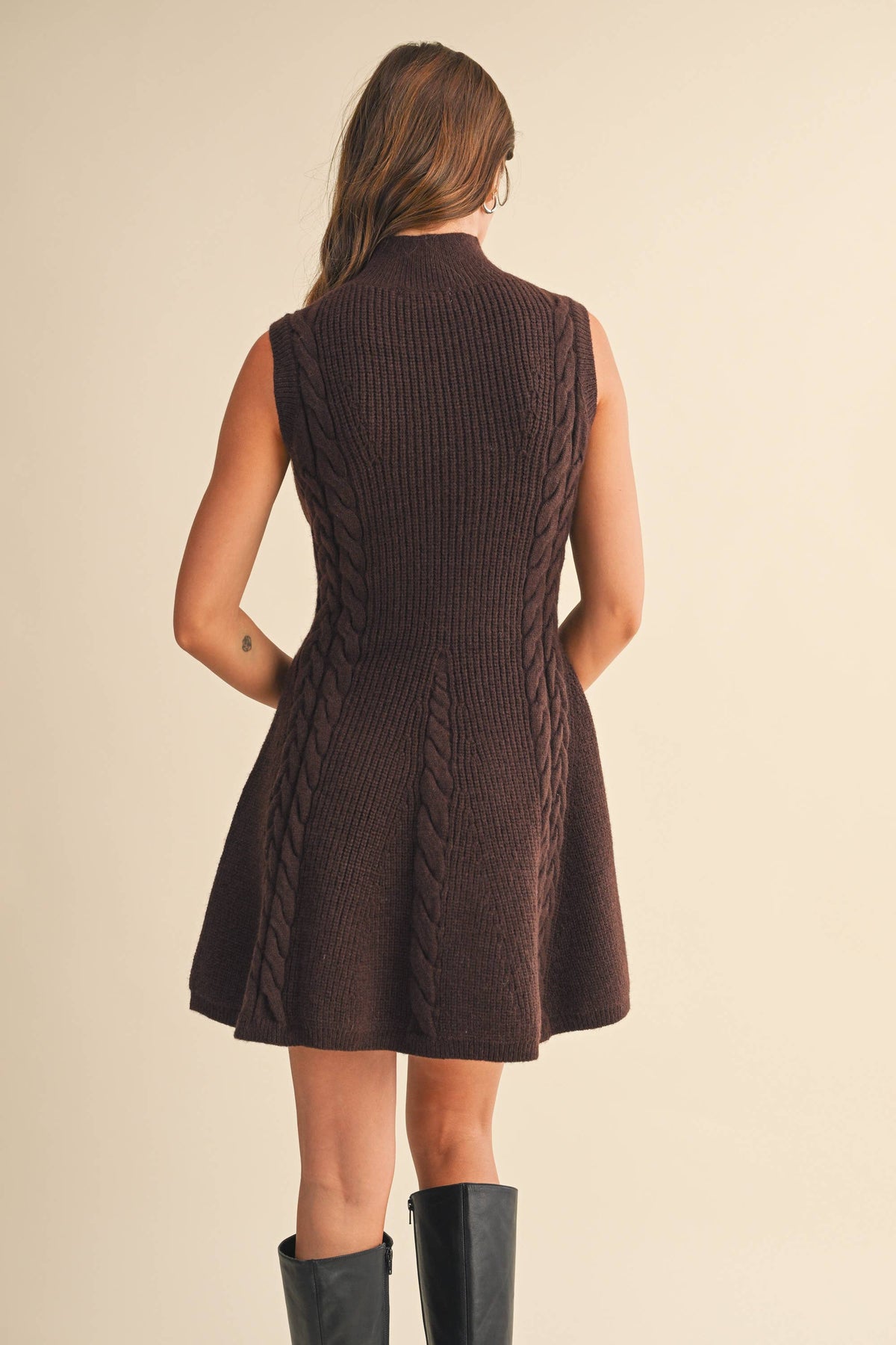 ID9649 MOCK NECK CABLE KNITTED SLEEVELESS MINI DRESS