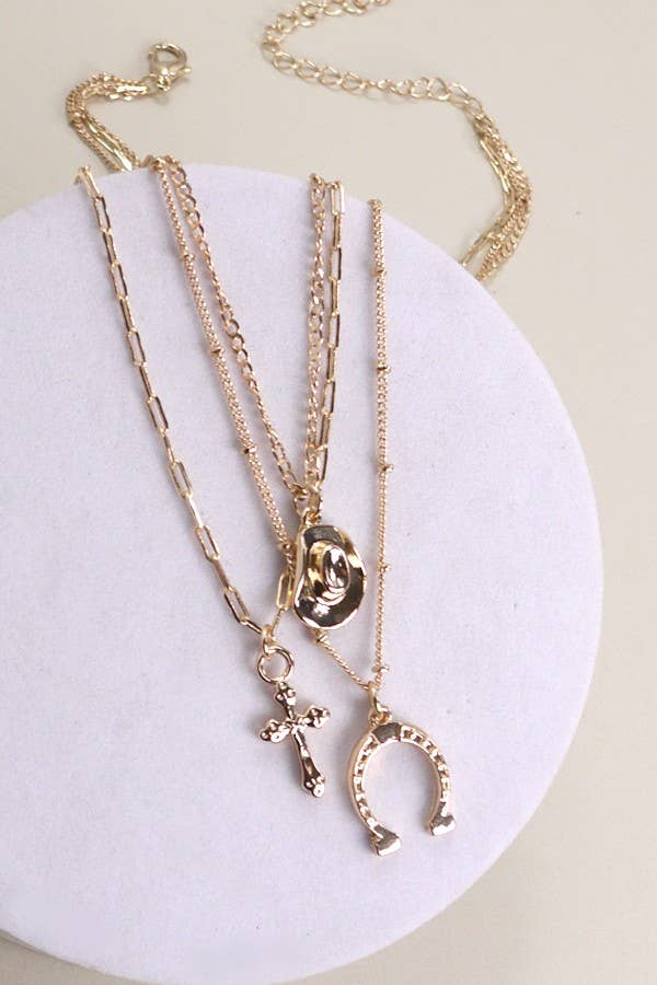 Trio Layer Horseshoe, Hat, Cross Charm Necklace