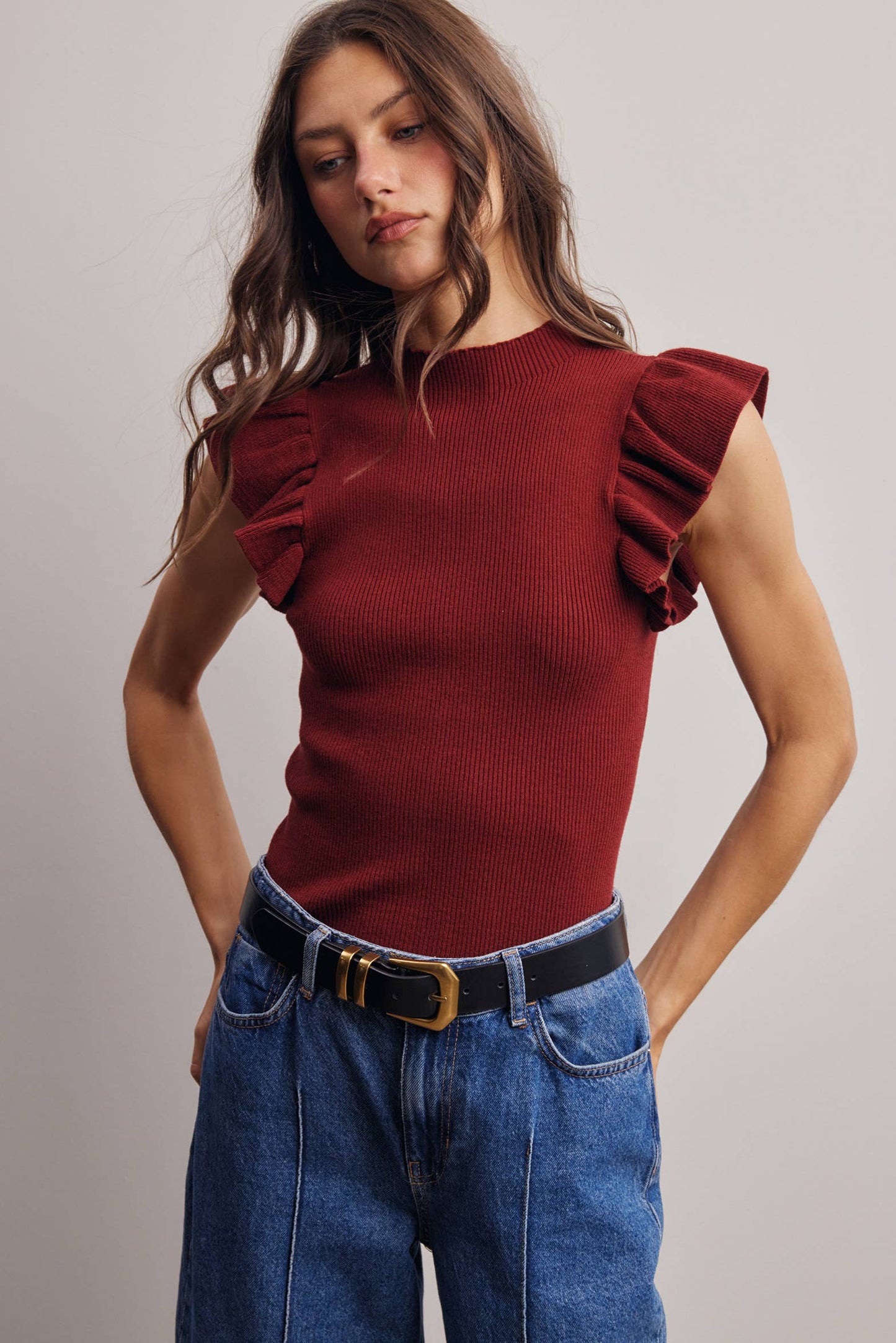 Ruffle Sleeve Rib Knit Top FSW0057