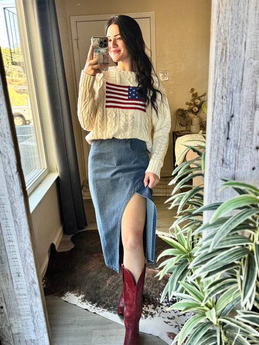 USA FLAG CABLE KNIT SWEATER
