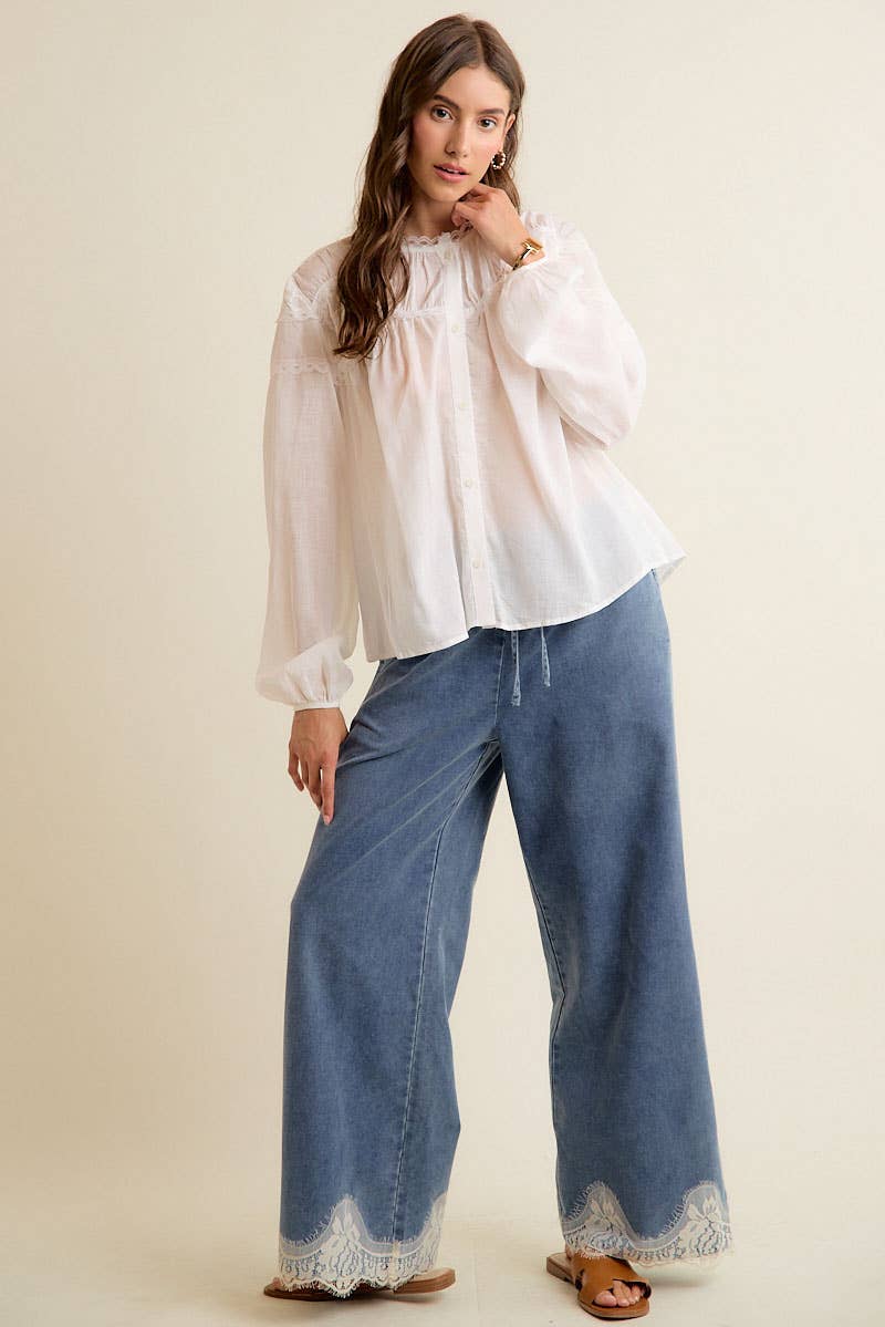 LACE TRIM WIDE LEG ELASTIC MID RISE DENIM PANTS