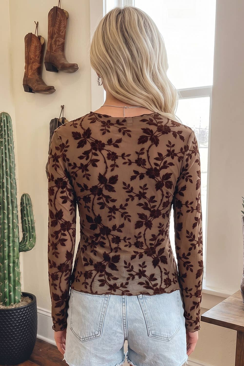 66 Floral Print Mock Neck Sheer Mesh Long Sleeve Top (S-XL)