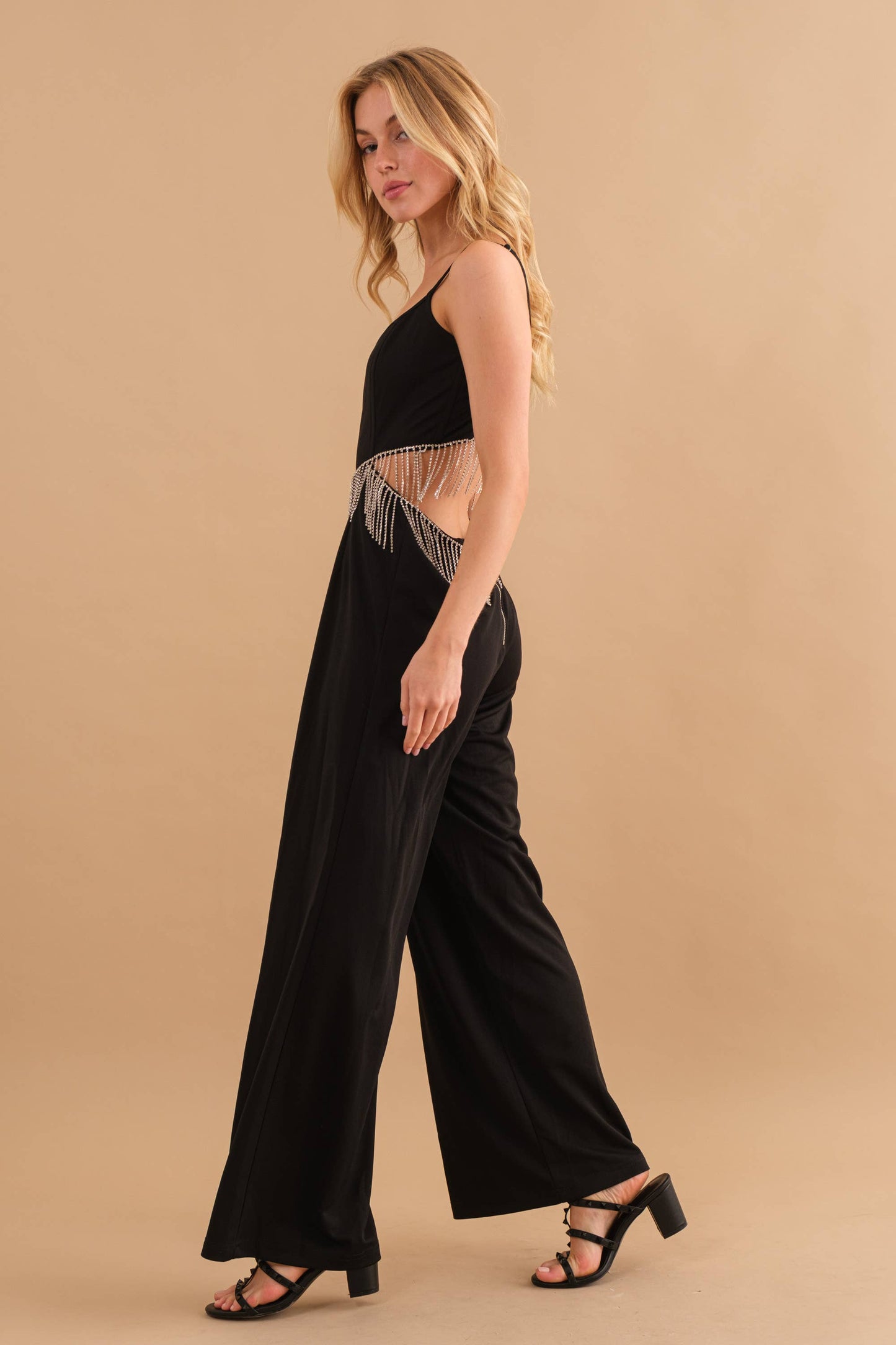 Rhinestone Fringe Open Back Jumpsuit