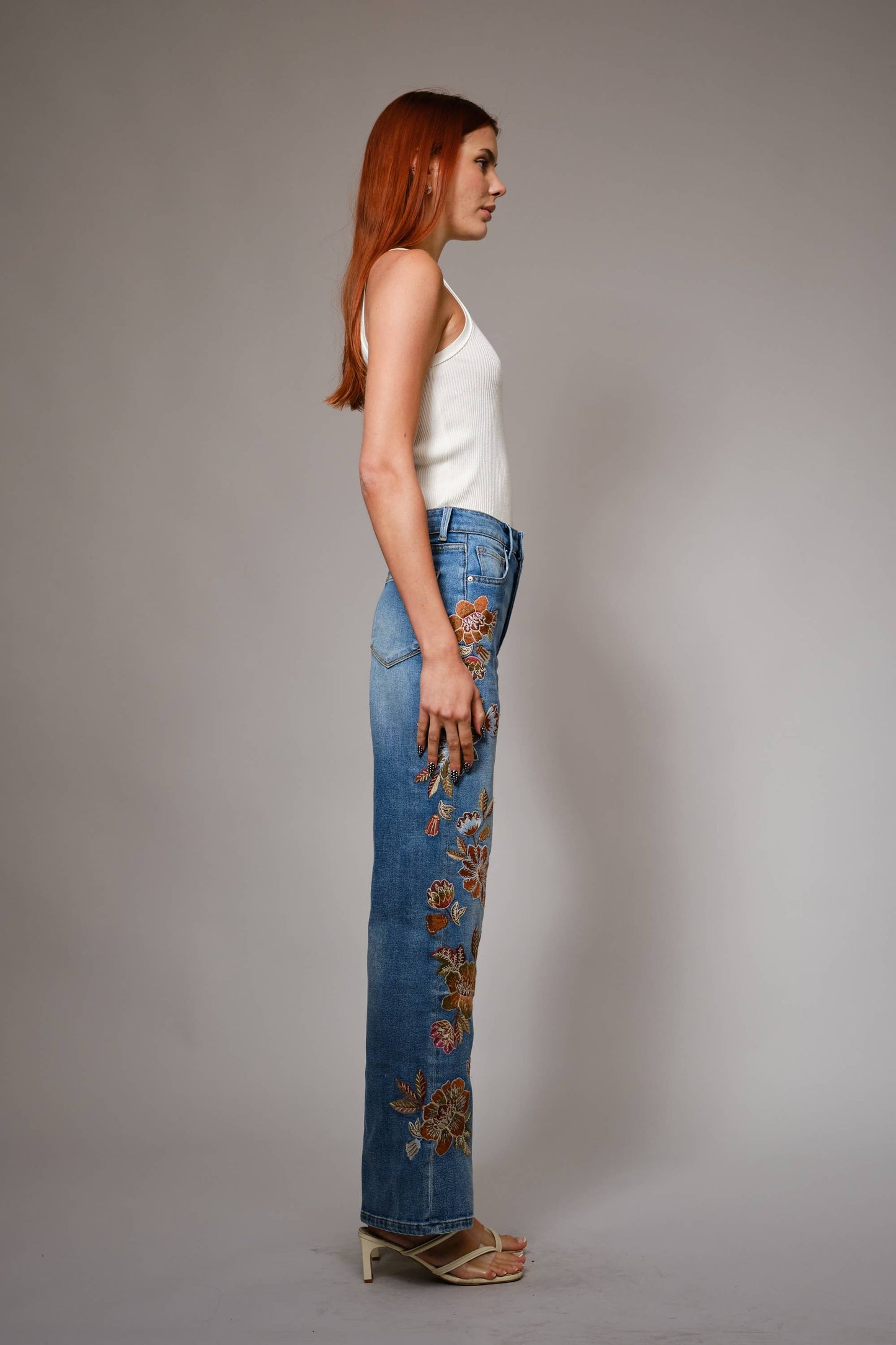 Flower Embroidery High Waist Flare Jean