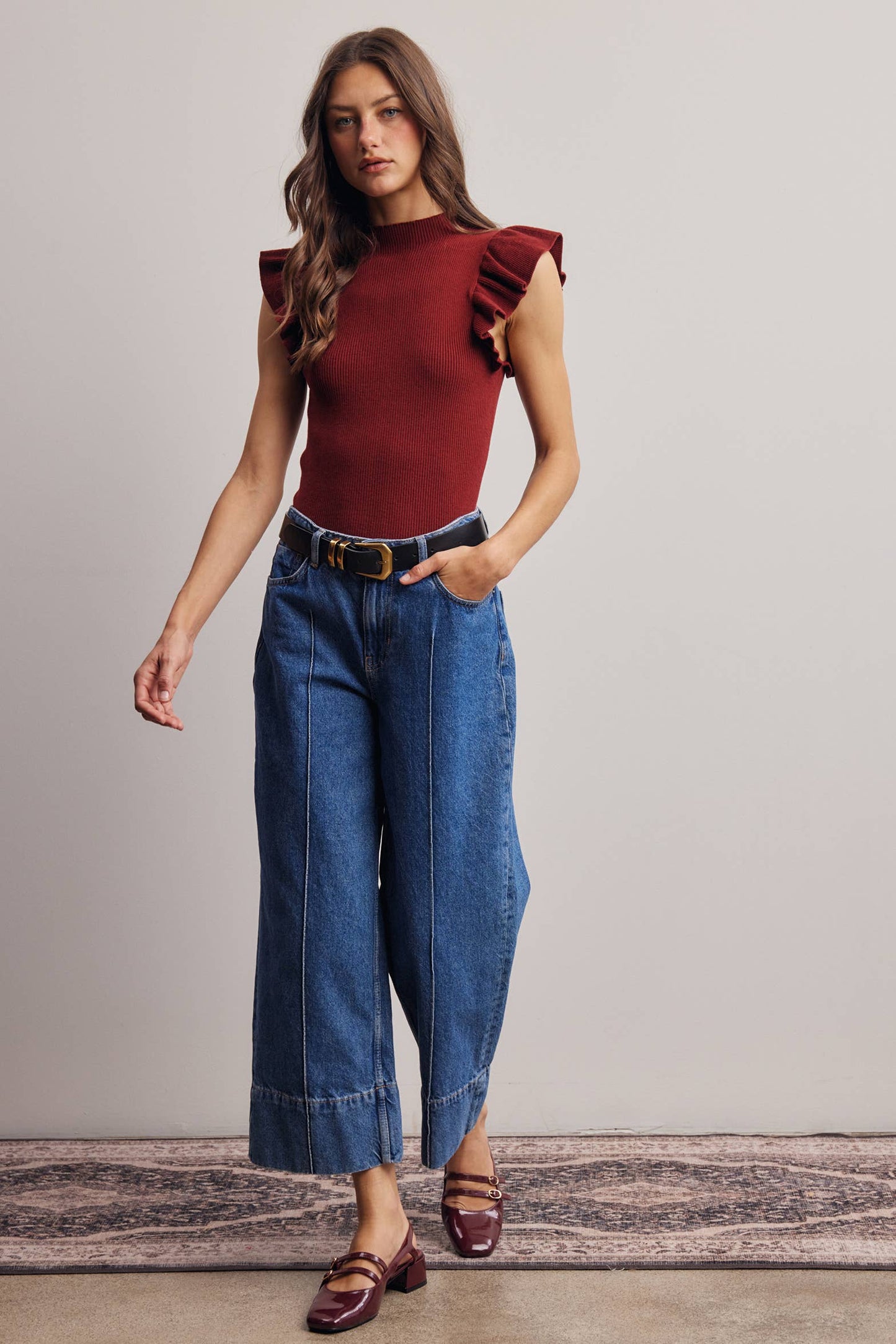 Ruffle Sleeve Rib Knit Top FSW0057