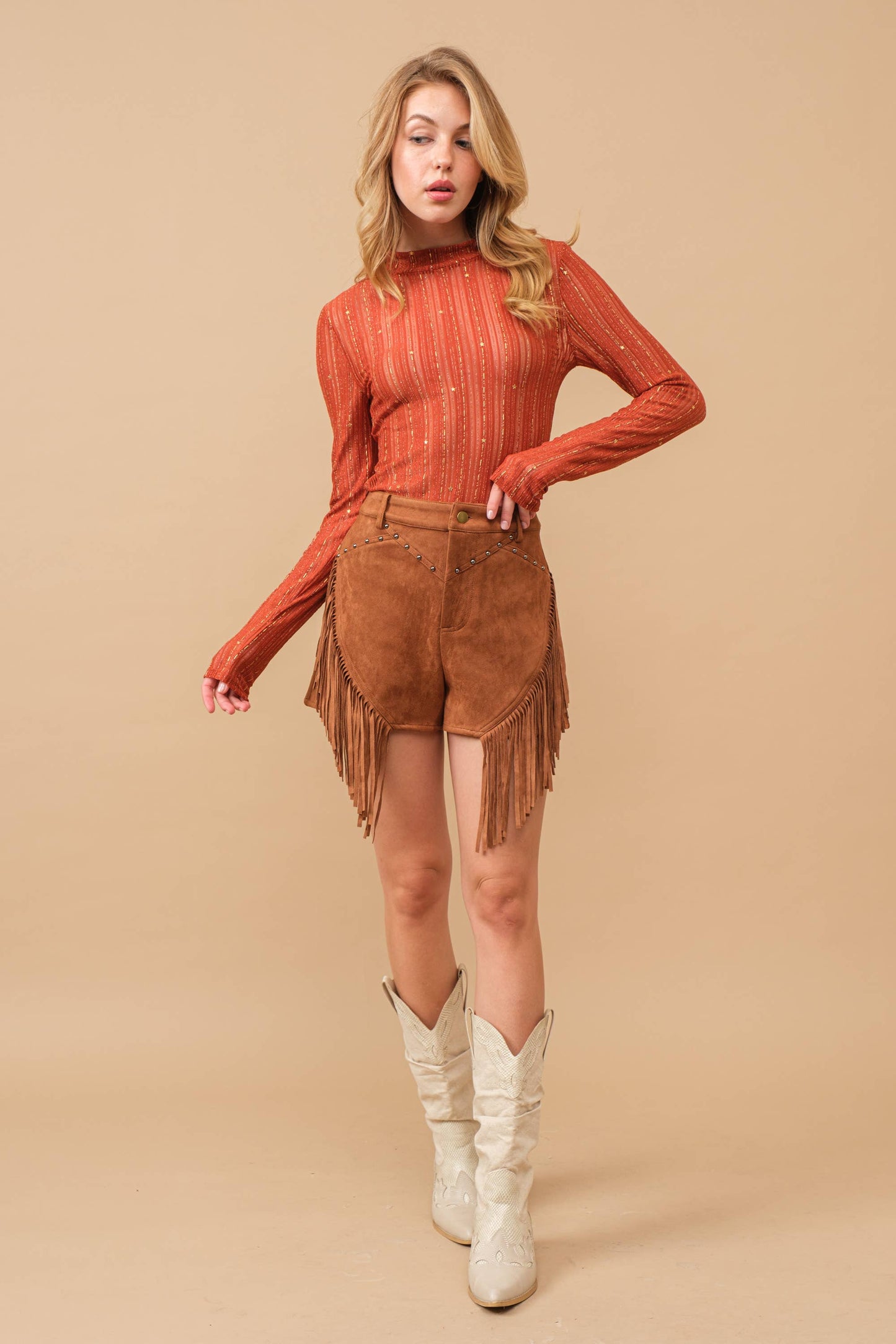 Suede Chevron Stud Fringe Shorts