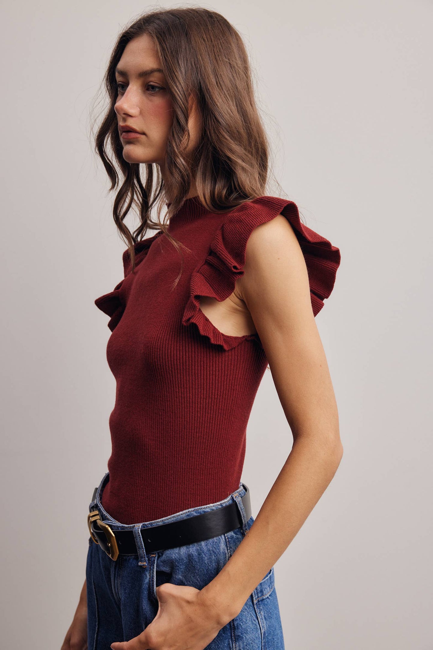 Ruffle Sleeve Rib Knit Top FSW0057