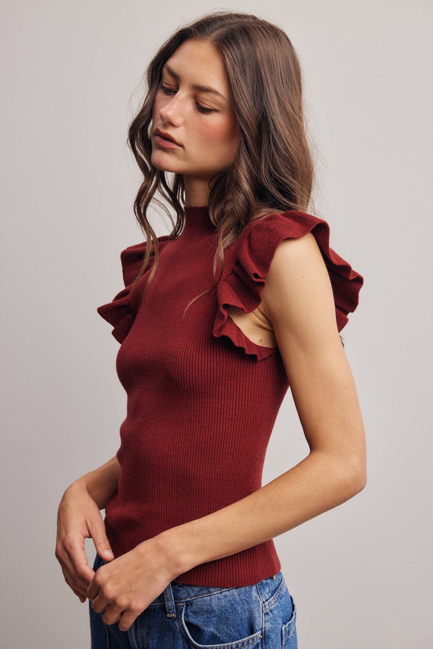 Ruffle Sleeve Rib Knit Top FSW0057