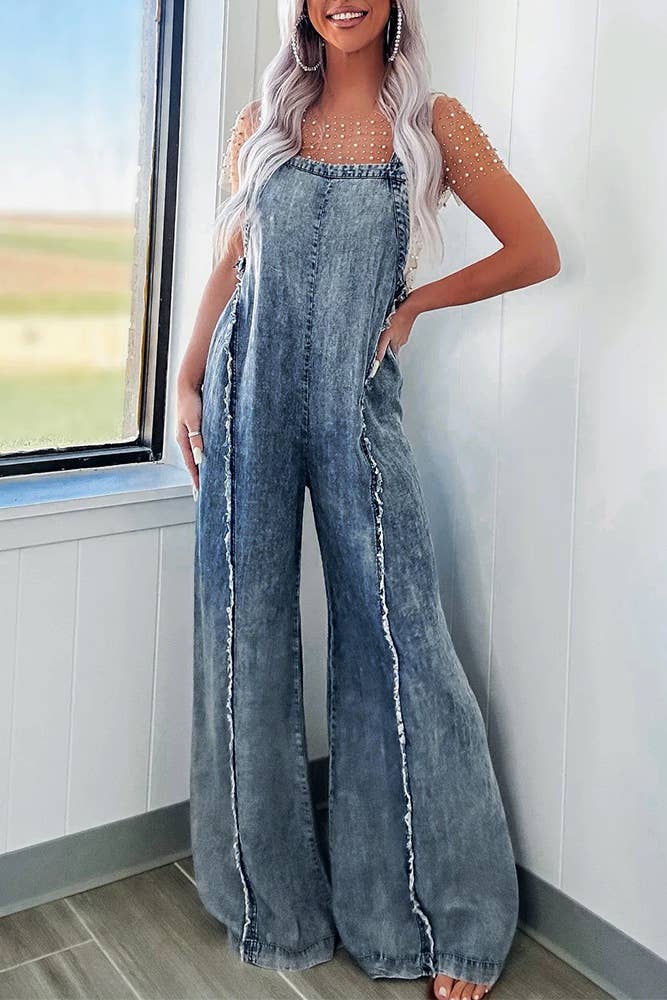 Raw Hem Denim Wide Leg Jumpsuit