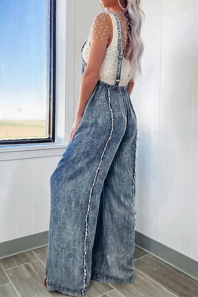 Raw Hem Denim Wide Leg Jumpsuit