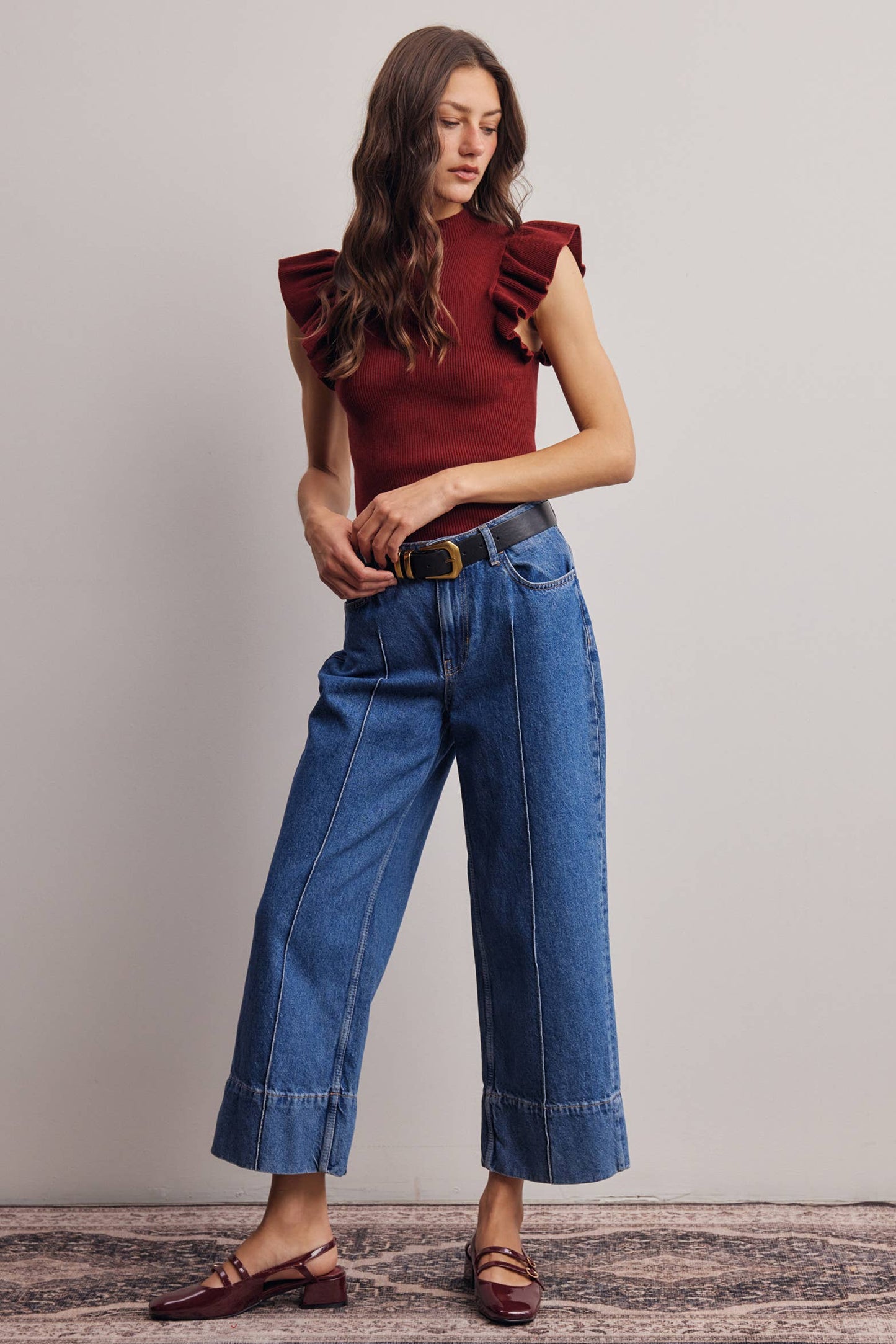 Ruffle Sleeve Rib Knit Top FSW0057
