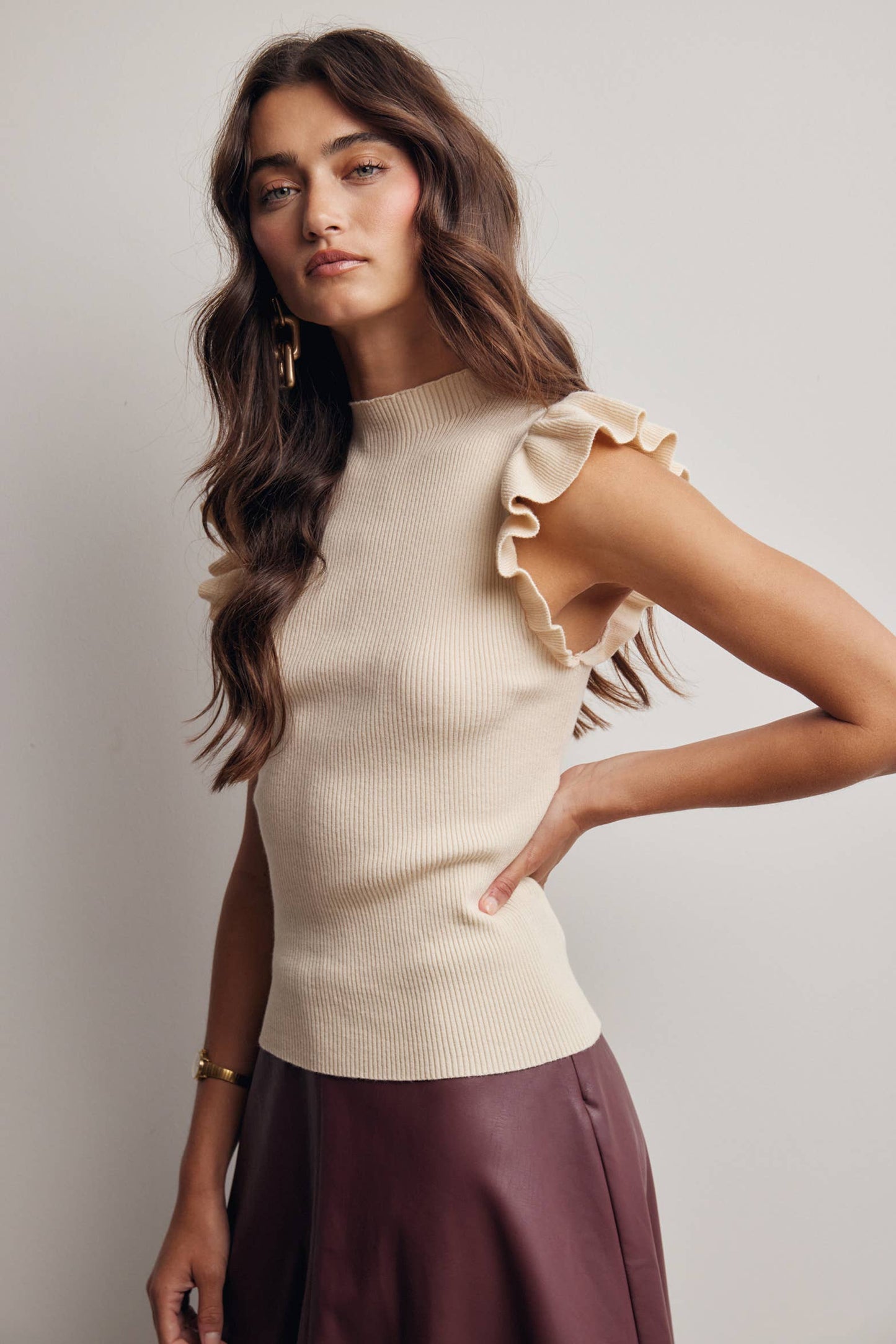 Ruffle Sleeve Rib Knit Top FSW0057