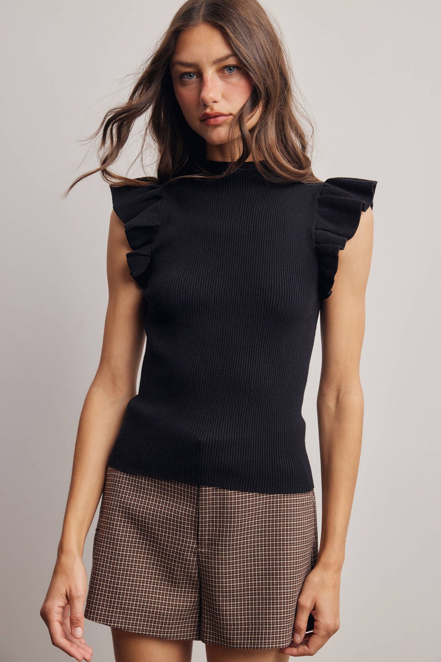 Ruffle Sleeve Rib Knit Top FSW0057