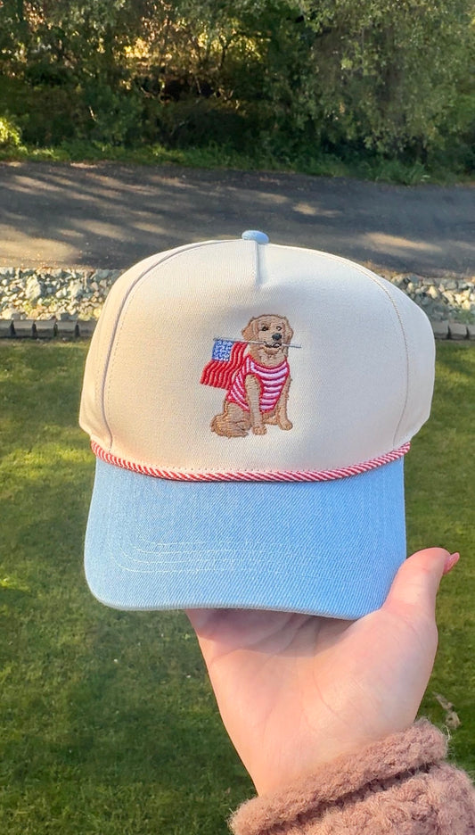 Golden Retriever Holding USA Flag Denim Brim Hat