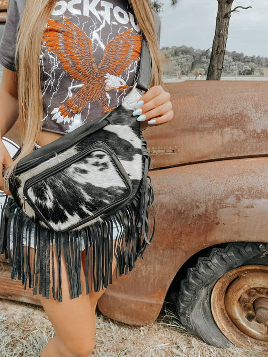 Black Fringe Cowhide Festival Bag