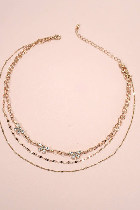 Multi Layer Rhinestone Bow Necklace