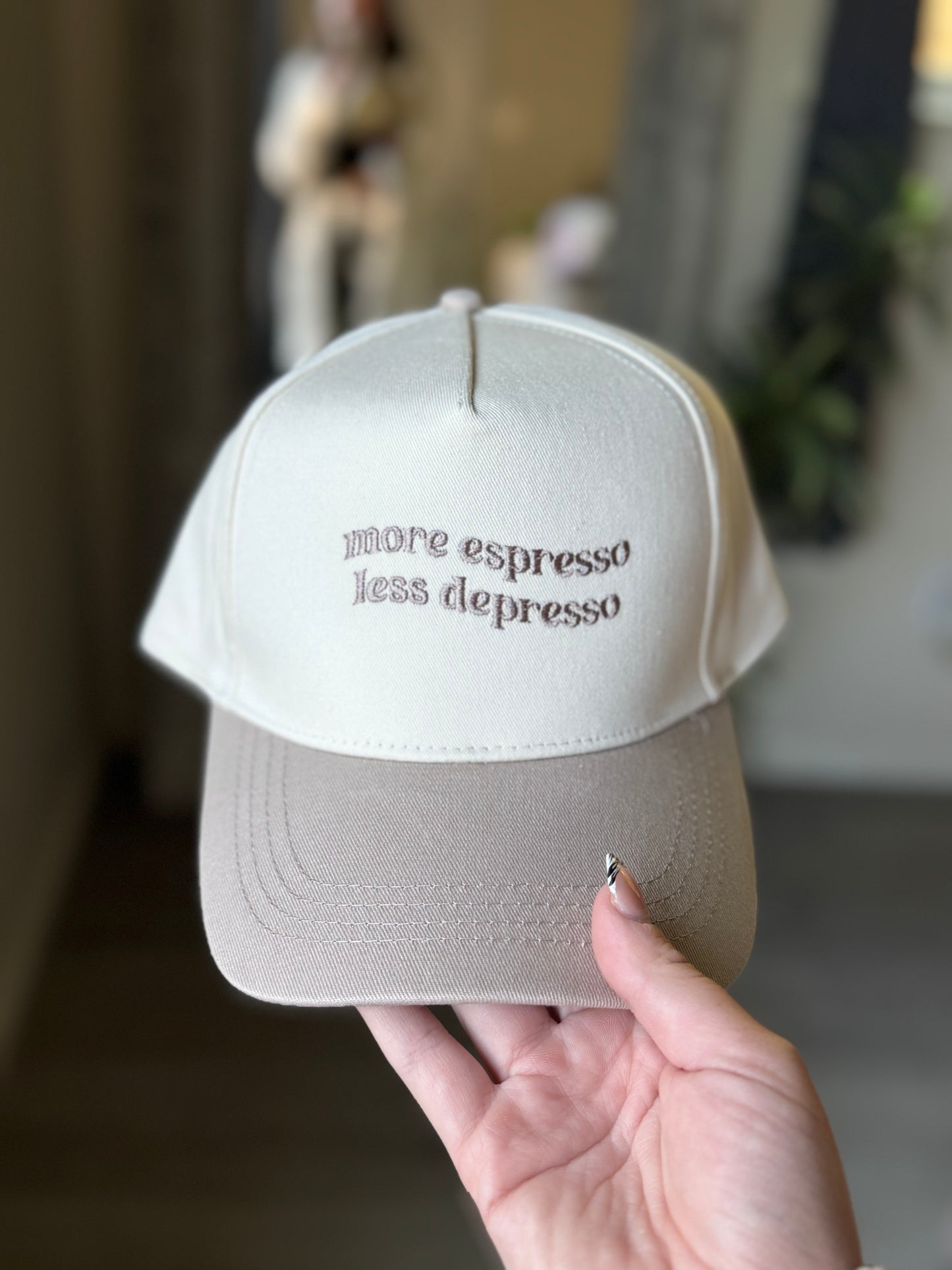 MORE ESPRESSO LESS DEPRESSO embroidery Two Tone Baseball Cap