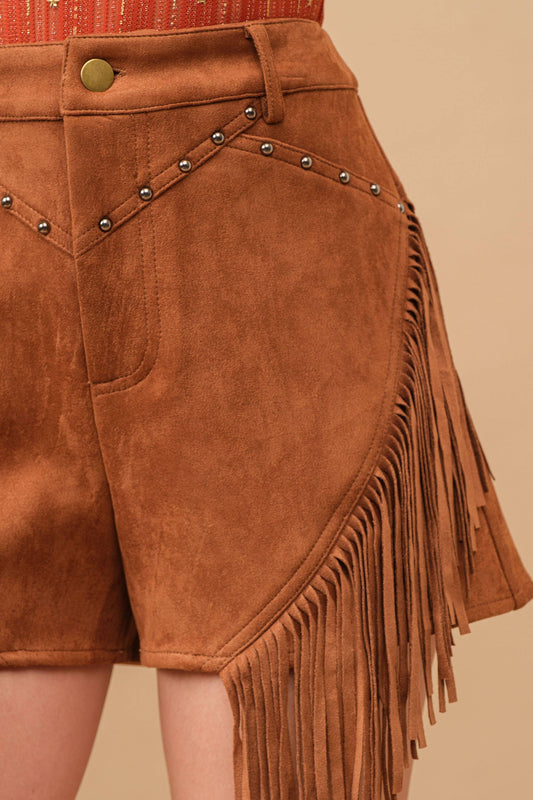 Suede Chevron Stud Fringe Shorts