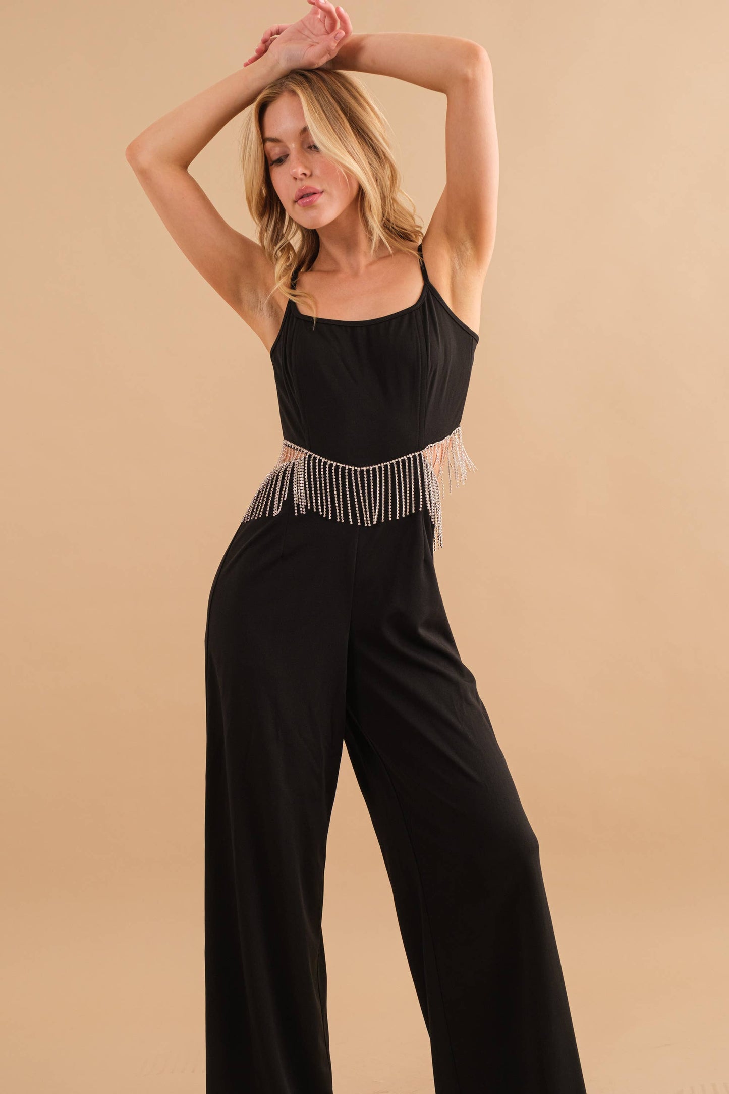 Rhinestone Fringe Open Back Jumpsuit