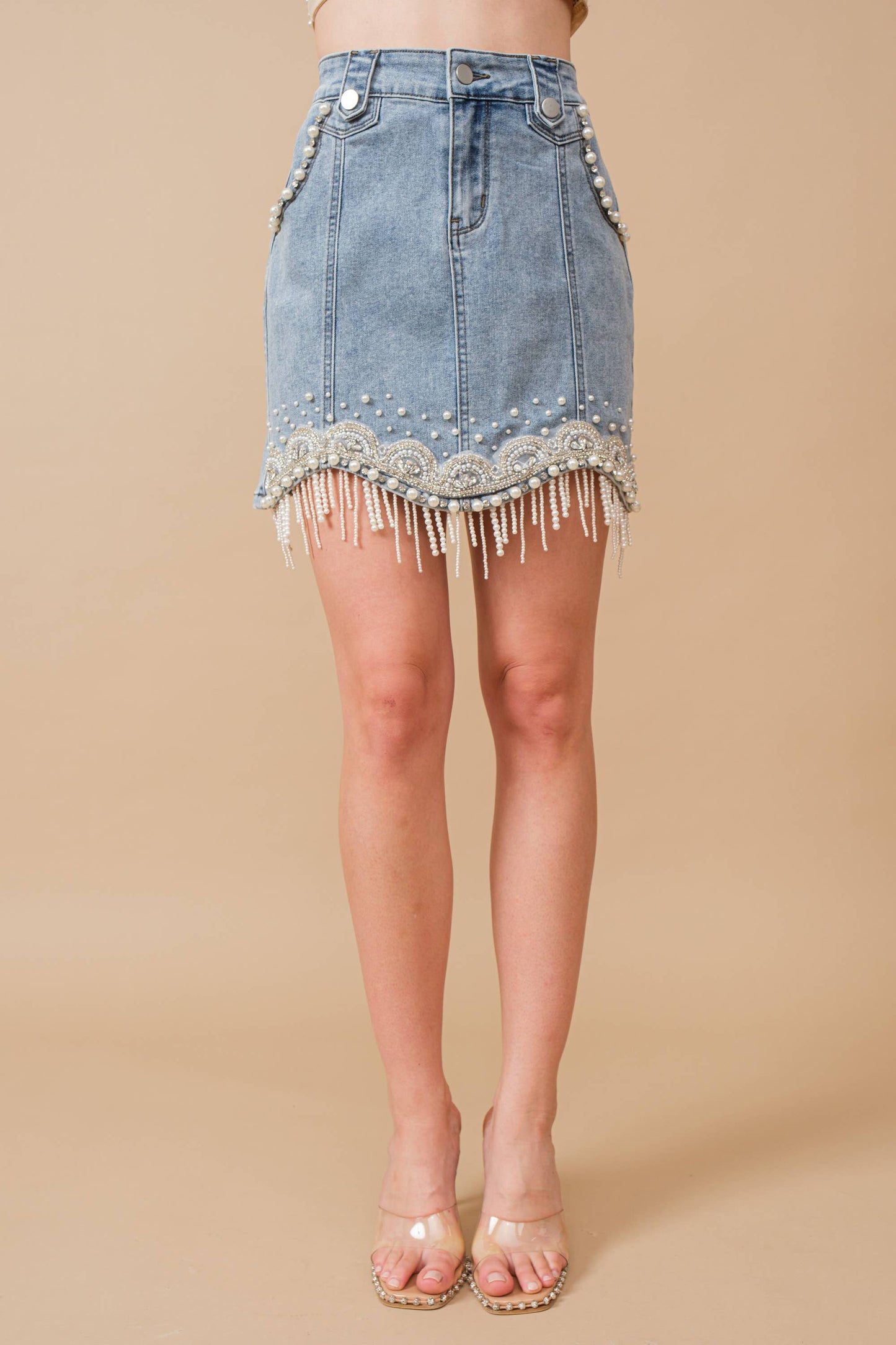 Denim Pearl Fringe Mini Skirt