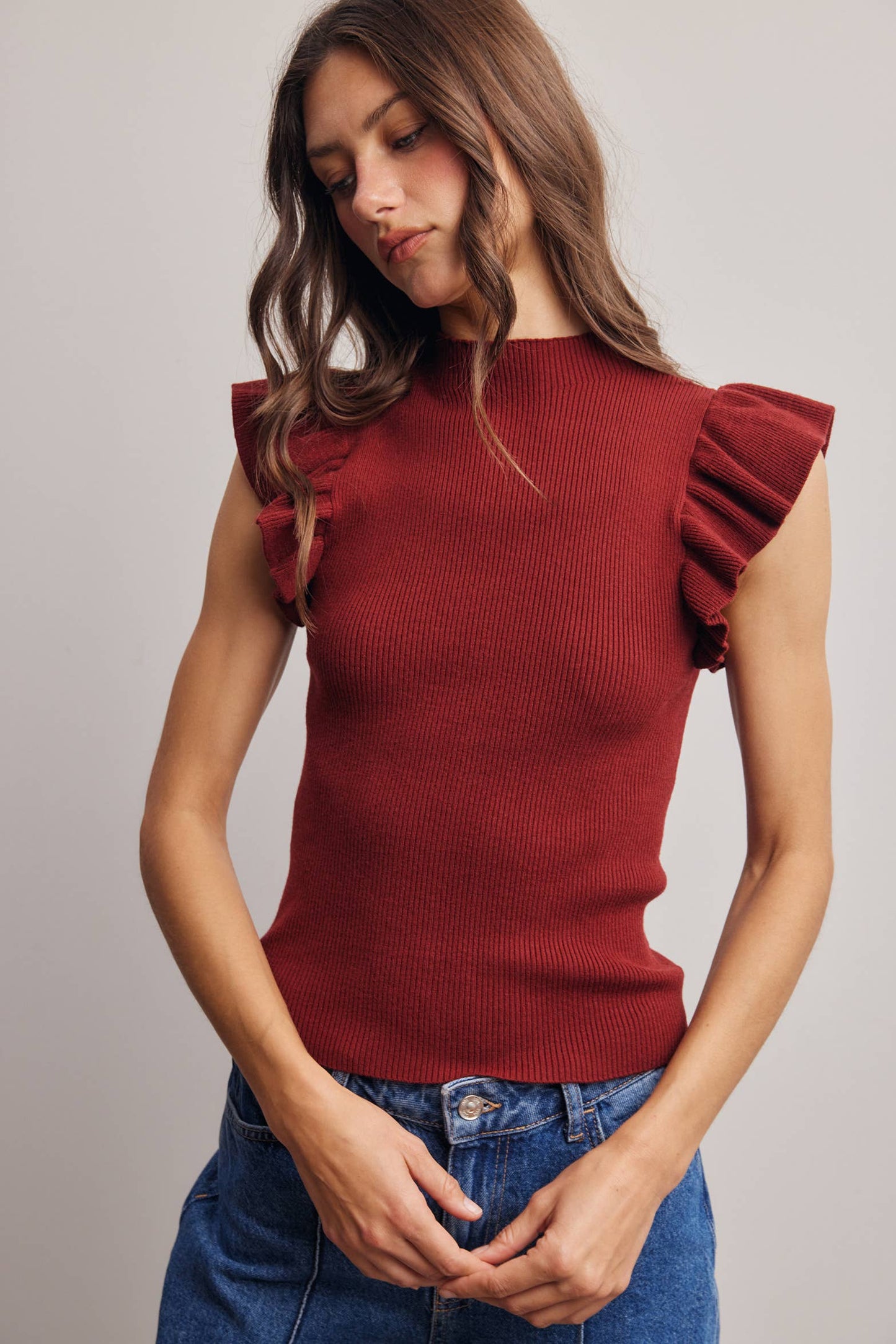 Ruffle Sleeve Rib Knit Top FSW0057