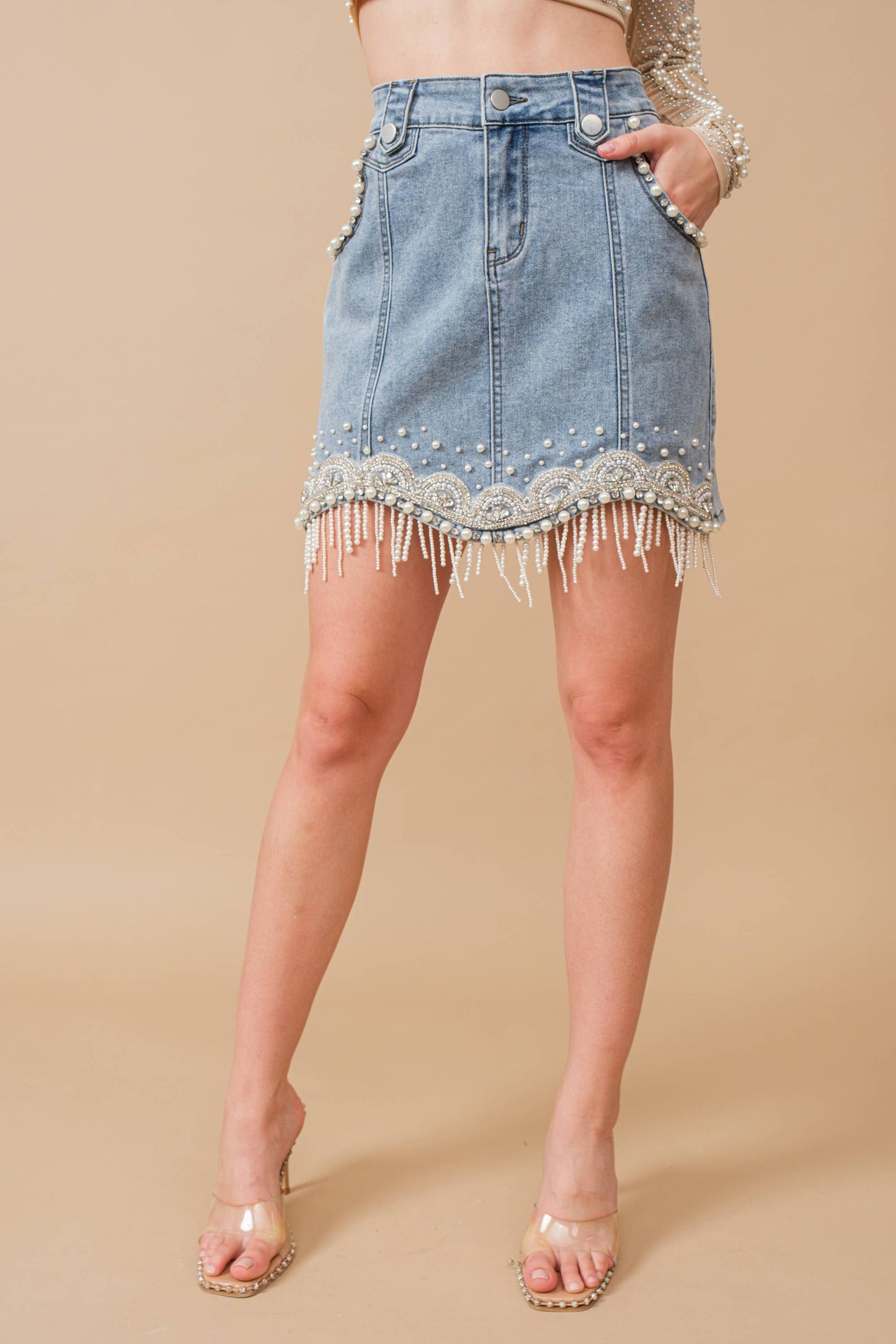 Denim Pearl Fringe Mini Skirt