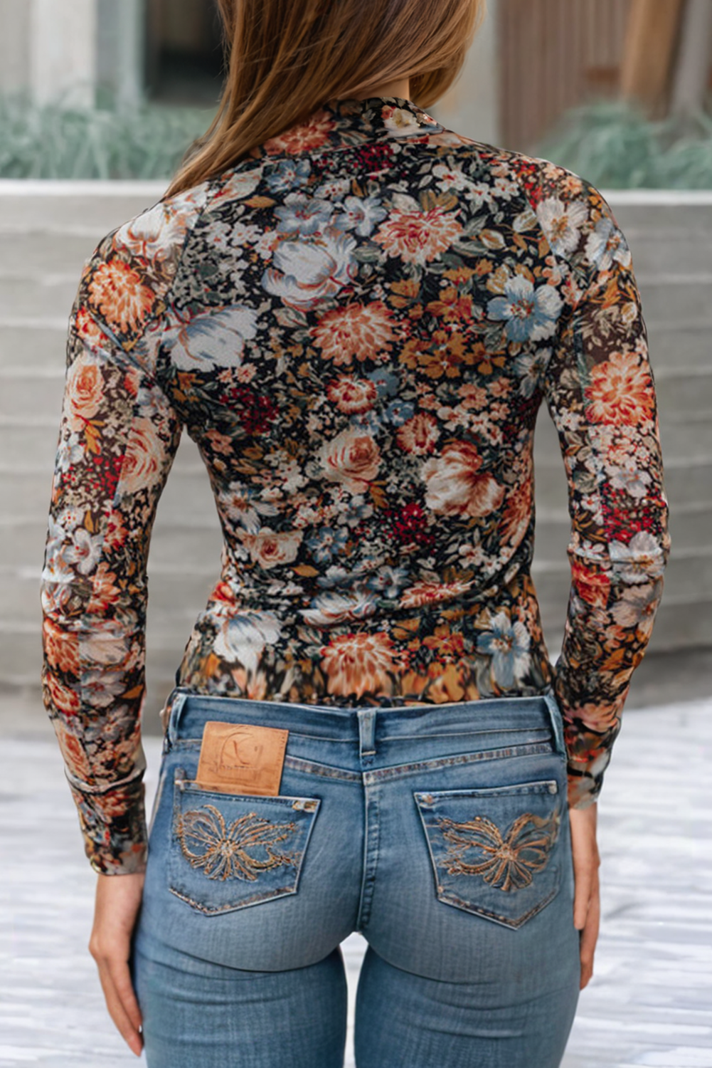 Floral Long Sleeve High Neck Mesh Blouse