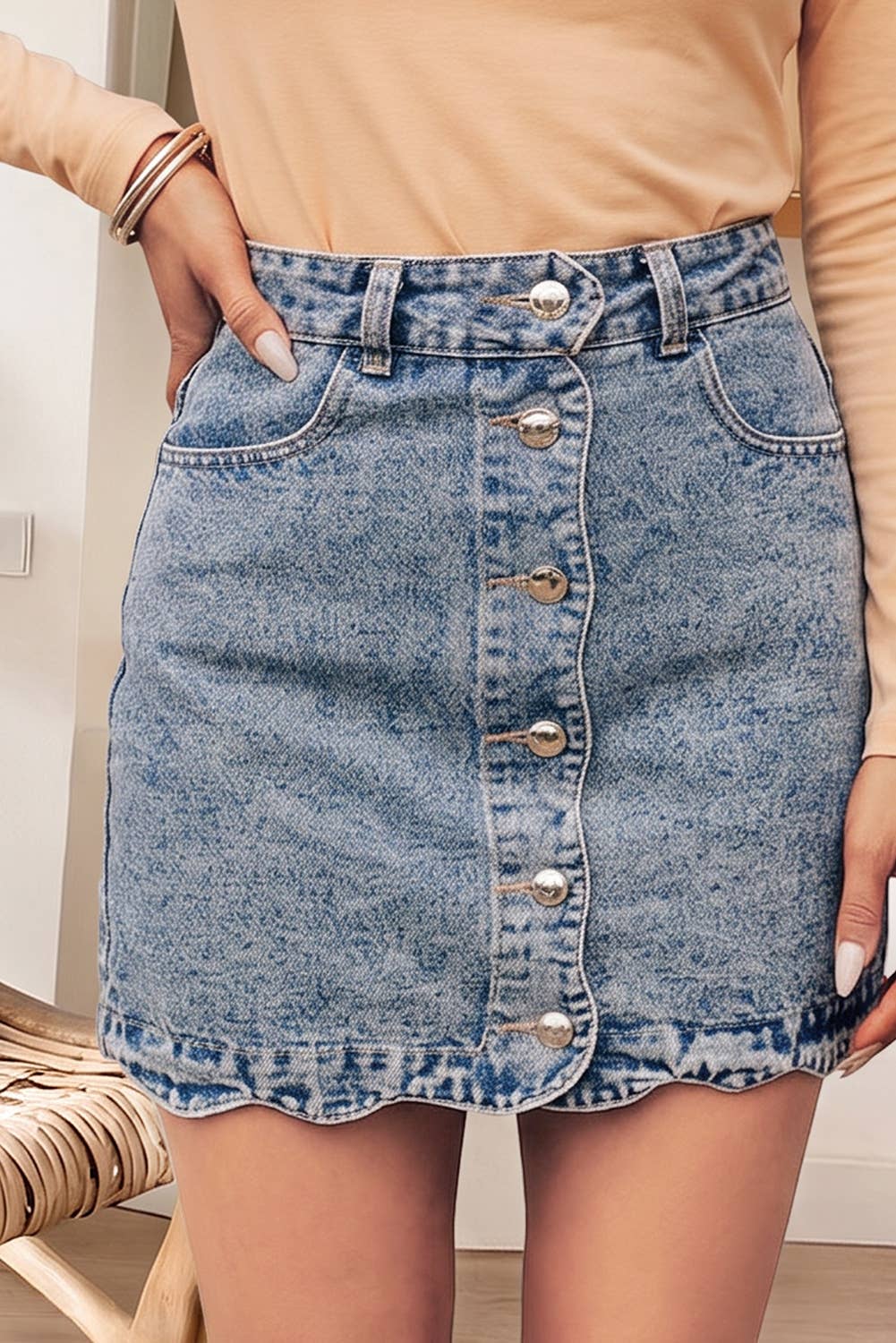 Scalloped Detail Button Front Short Denim Skirt (S-XL)
