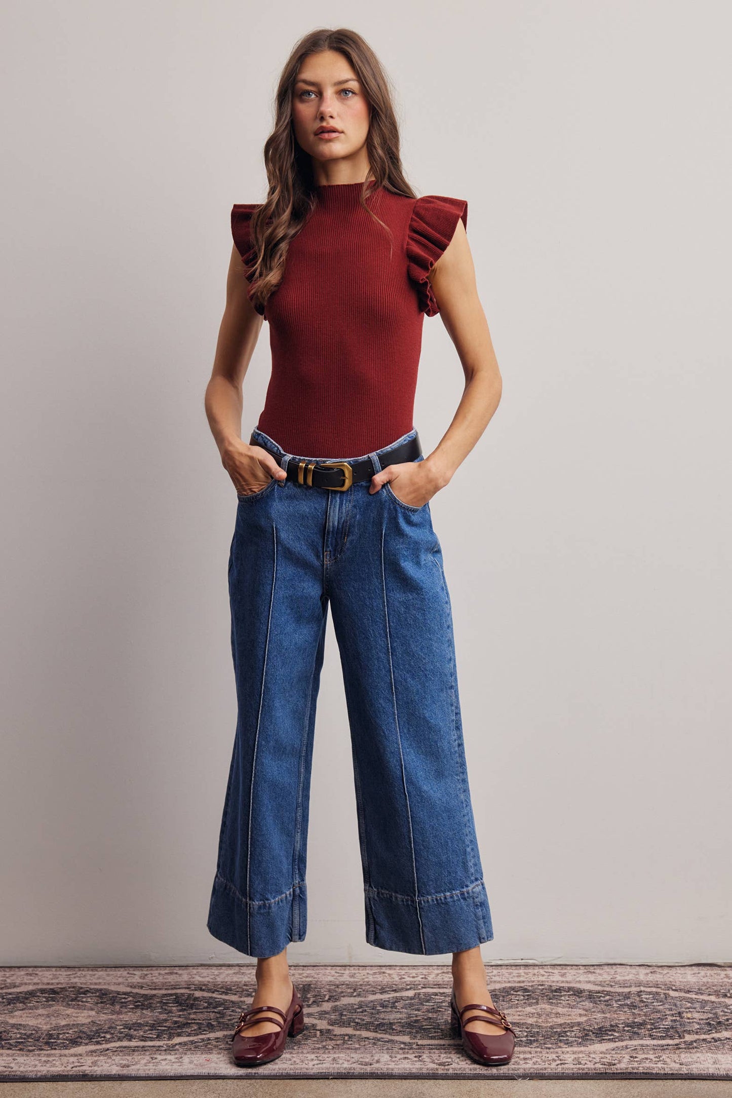 Ruffle Sleeve Rib Knit Top FSW0057