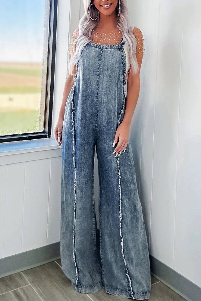 Raw Hem Denim Wide Leg Jumpsuit