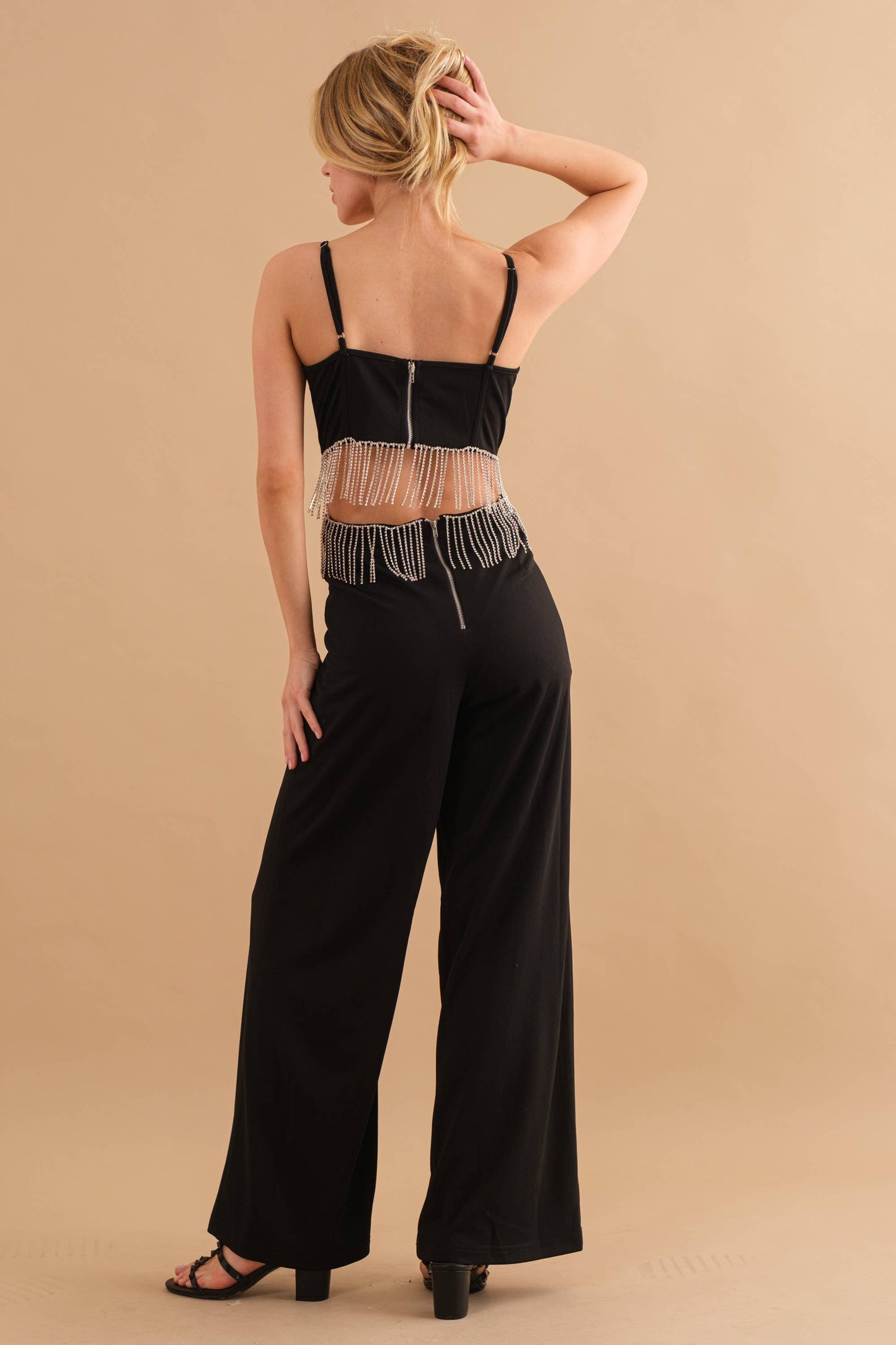 Rhinestone Fringe Open Back Jumpsuit