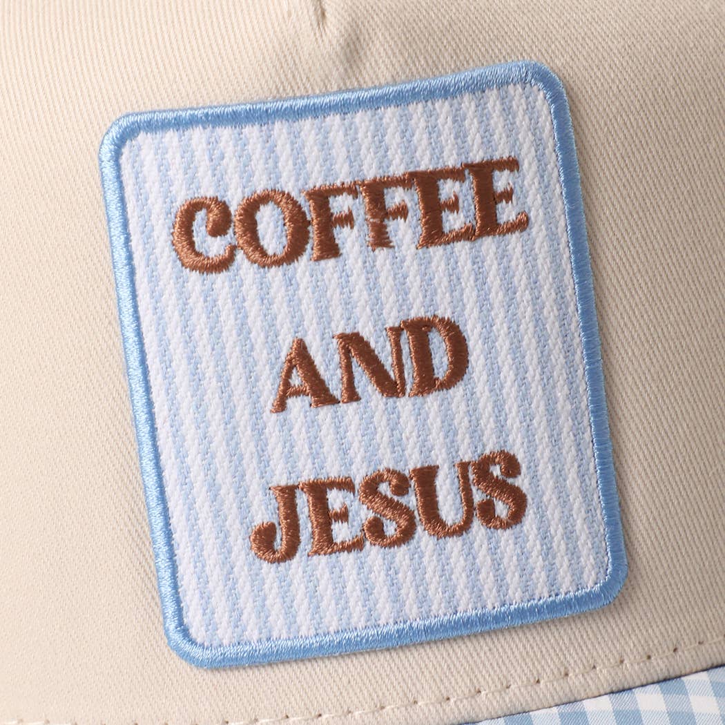 COFFEE AND JESUS Embroidered Patch Gingham Hat