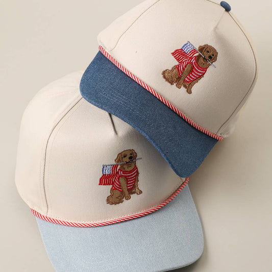 Golden Retriever Holding USA Flag Denim Brim Hat