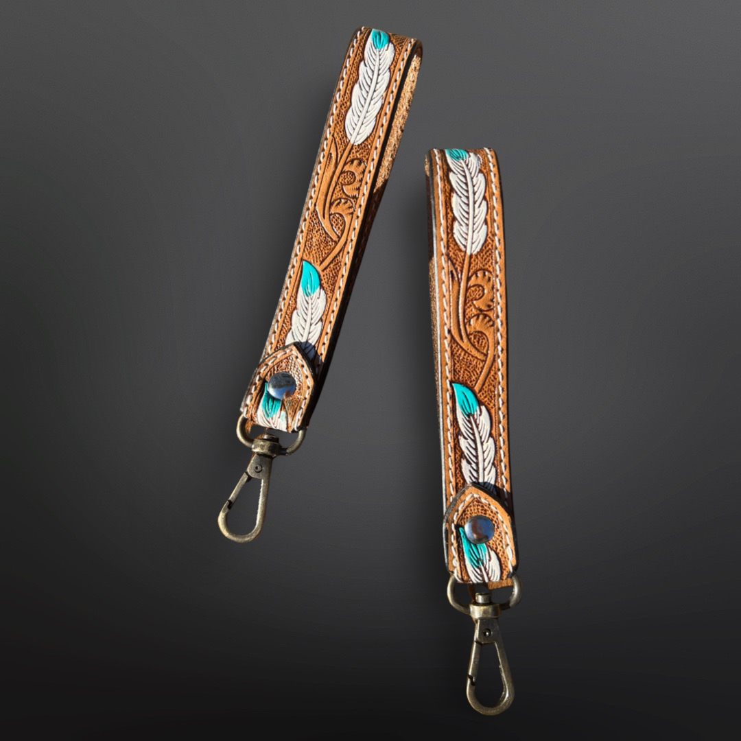 Tooled Leather Western Feather Wrist Strap Keychain