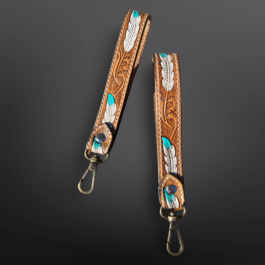 Tooled Leather Western Feather Wrist Strap Keychain