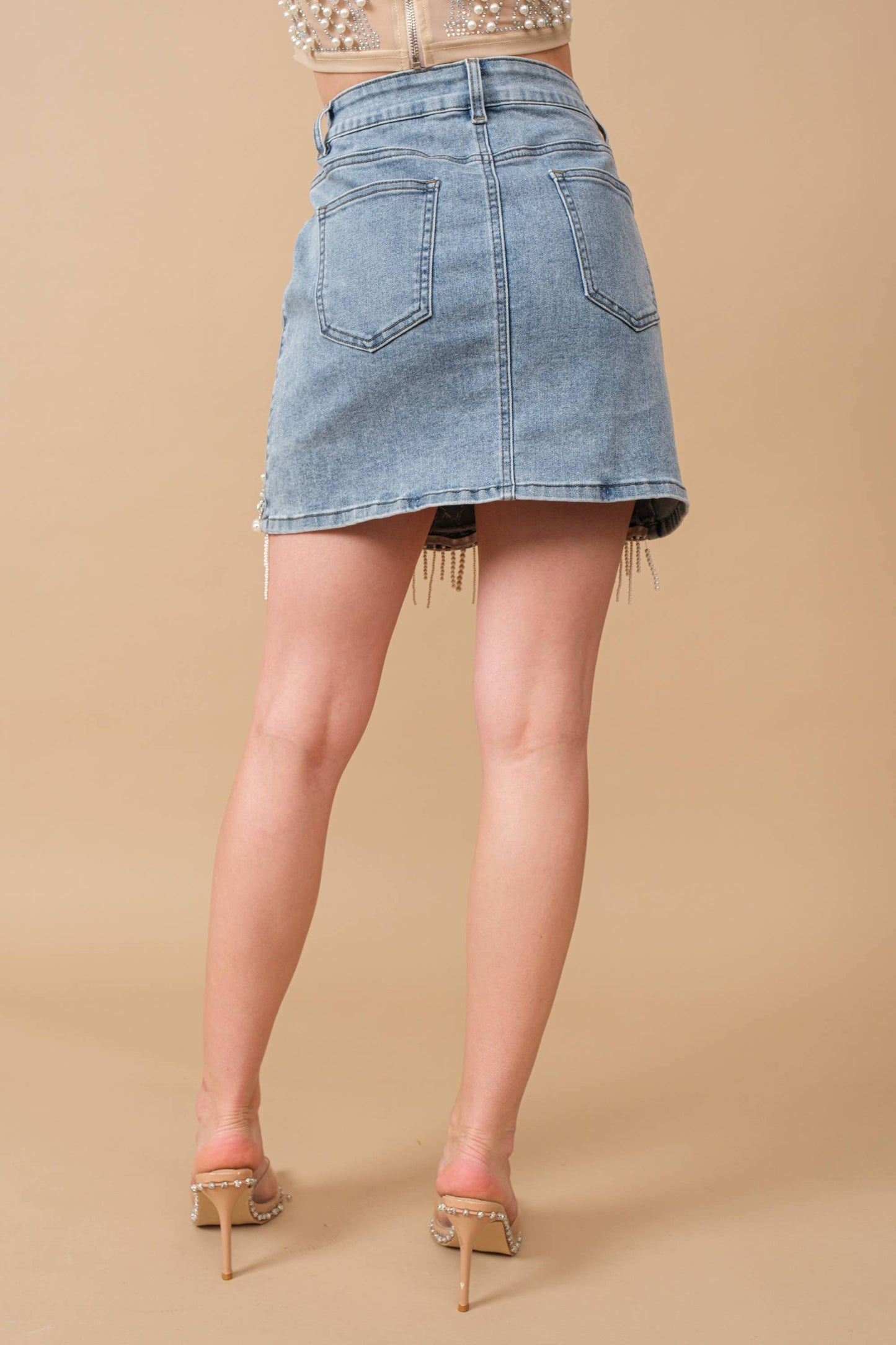 Denim Pearl Fringe Mini Skirt