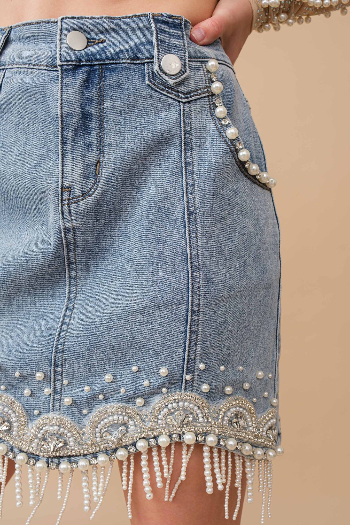 Denim Pearl Fringe Mini Skirt