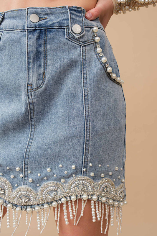 Denim Pearl Fringe Mini Skirt