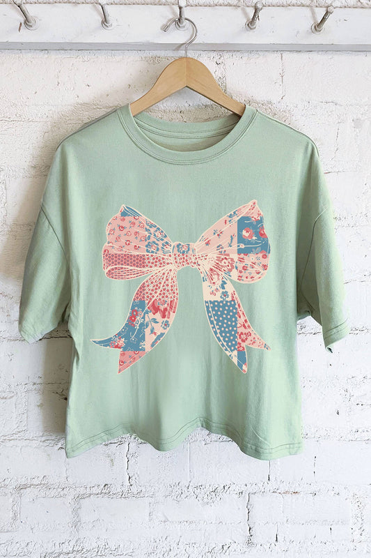 QUILTED BOW PRINT GRAPHIC LONG CROP TOP
