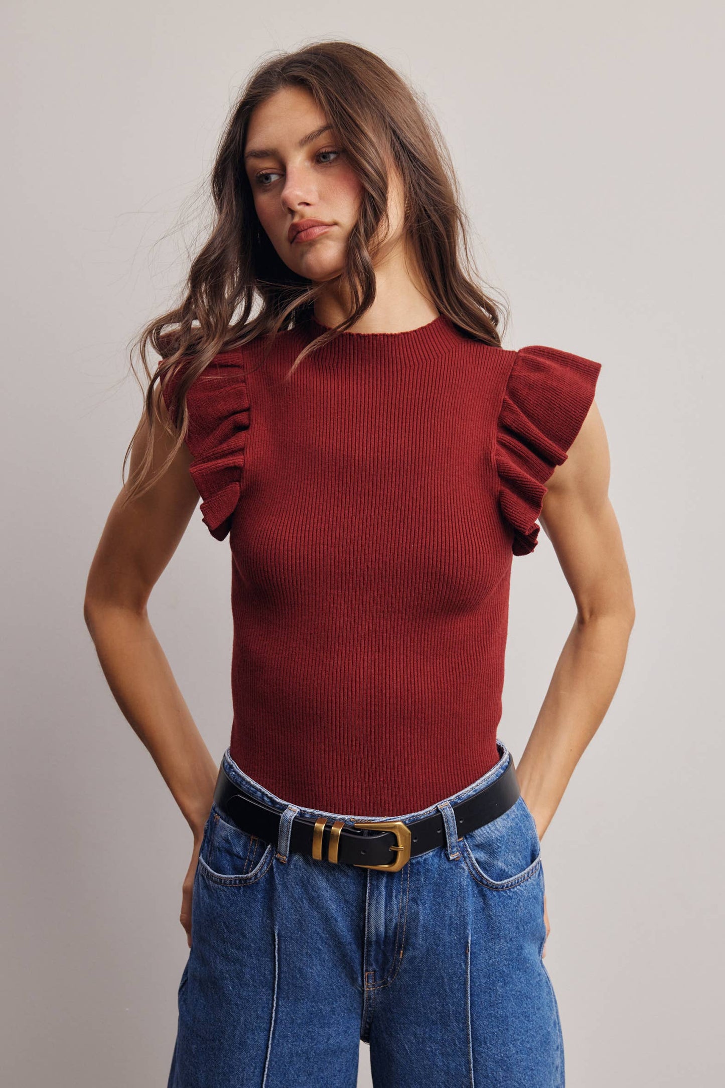 Ruffle Sleeve Rib Knit Top FSW0057
